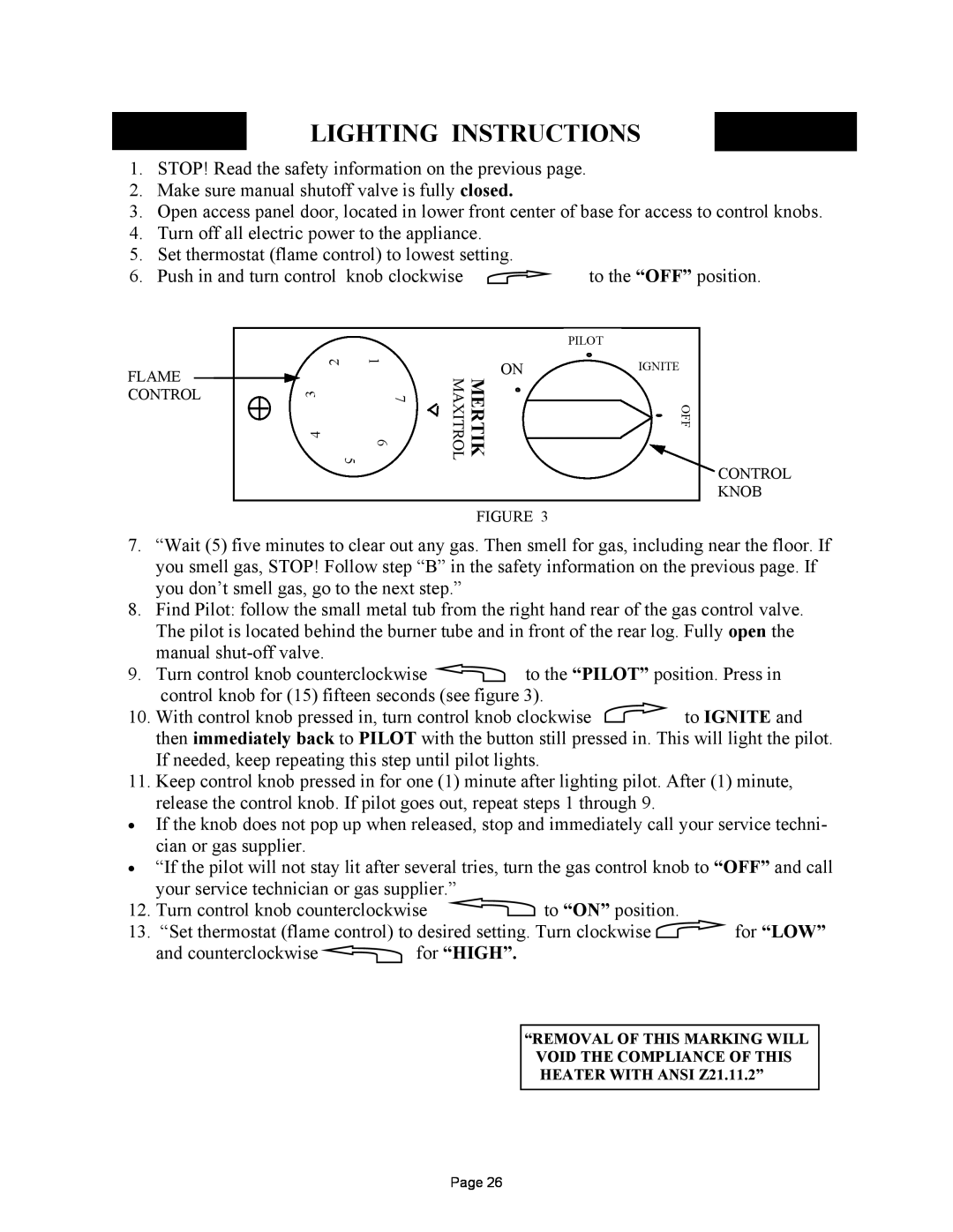 New Buck Corporation MODEL FP-327-ZC manual Lighting Instructions, to IGNITE and, for “LOW”, for “HIGH” 