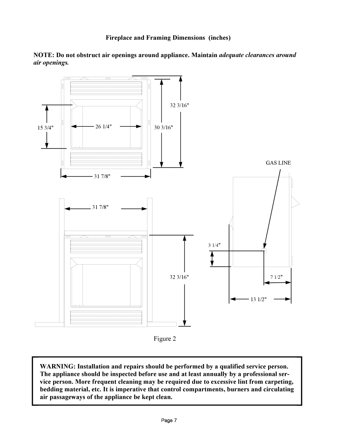 New Buck Corporation MODEL FP-327-ZC manual Fireplace and Framing Dimensions inches, 3 1/4, 7 1/2, Page 