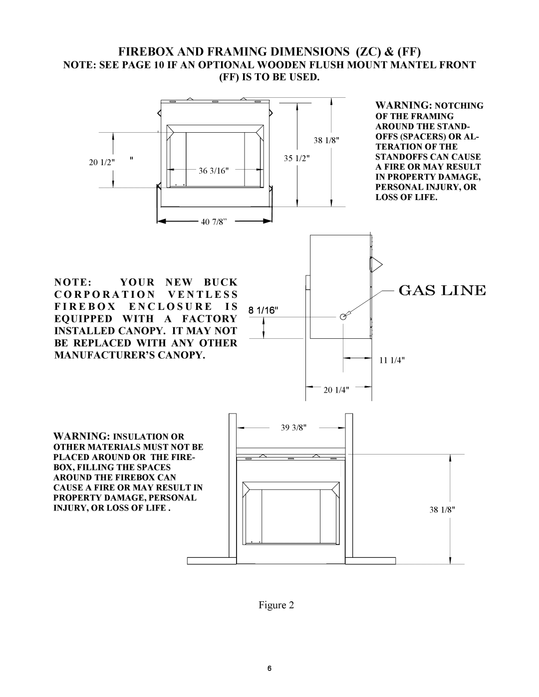 New Buck Corporation ZCBB dimensions Firebox And Framing Dimensions Zc & Ff, Gas Line 