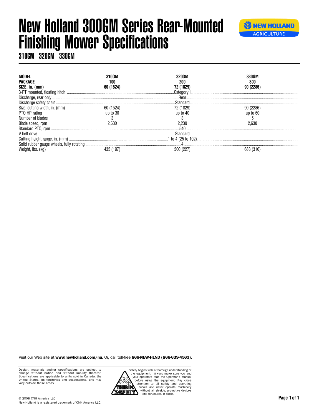 New Holland 320GM, 310GM, 300GM Series specifications Finishing Mower Specifications, 330GM, Model, SIZE, in. mm 