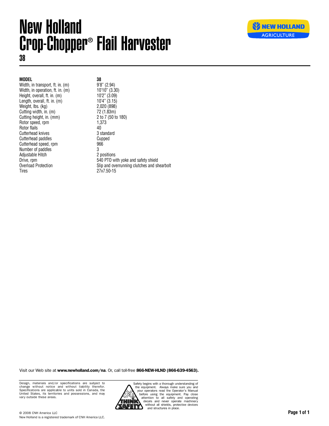 New Holland 38 specifications New Holland Crop-ChopperFlail Harvester, Model, Overload Protection, Tires 27x7.50-15 