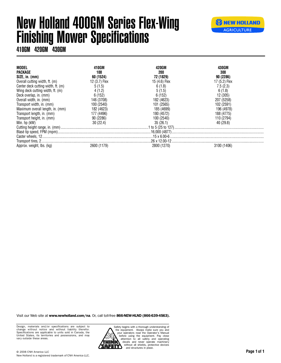New Holland 420GM, 410GM specifications Finishing Mower Specifications, 430GM, Model, SIZE, in. mm 