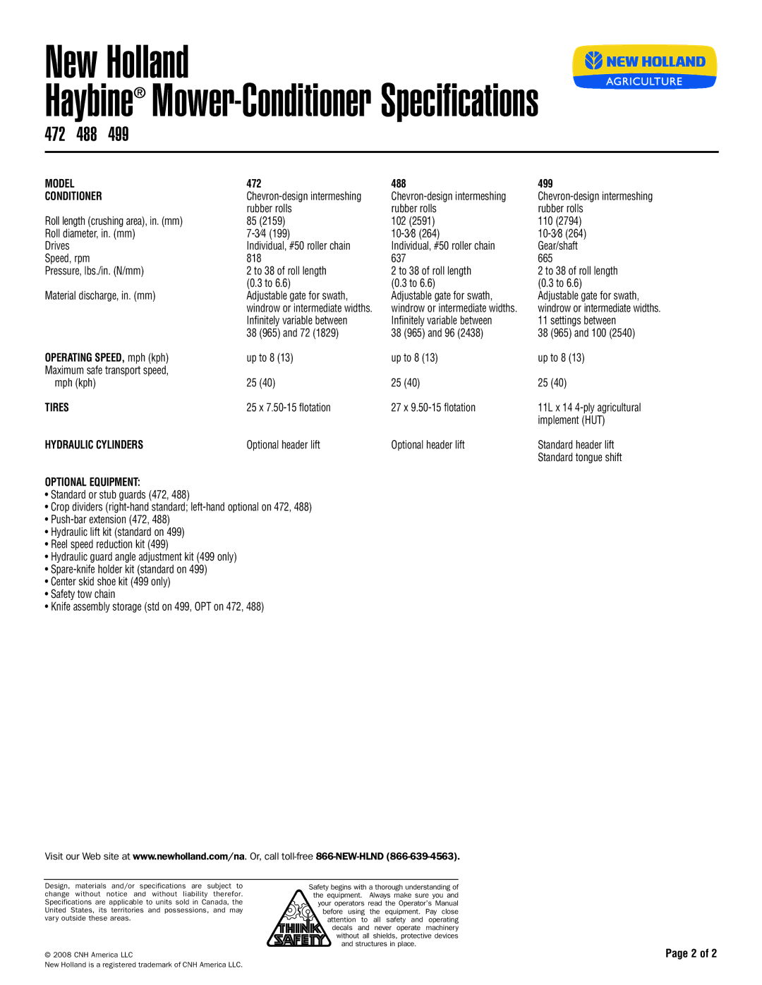 New Holland 472, 499, 488 specifications Conditioner, Tires, Hydraulic Cylinders, Optional Equipment 