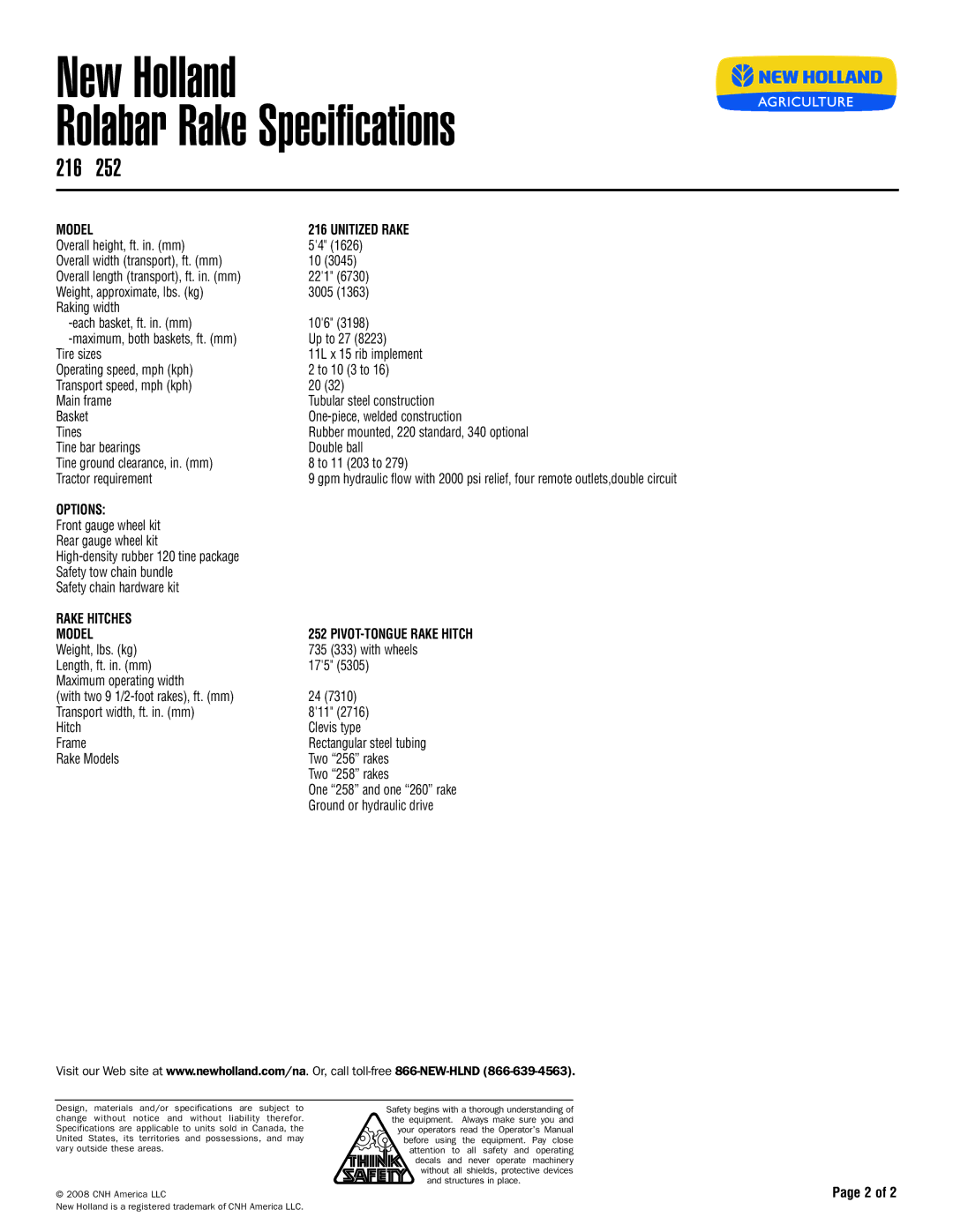 New Holland 256, 57, 258, 260 specifications Unitized Rake, Options, Rake Hitches, PIVOT-TONGUE Rake Hitch 