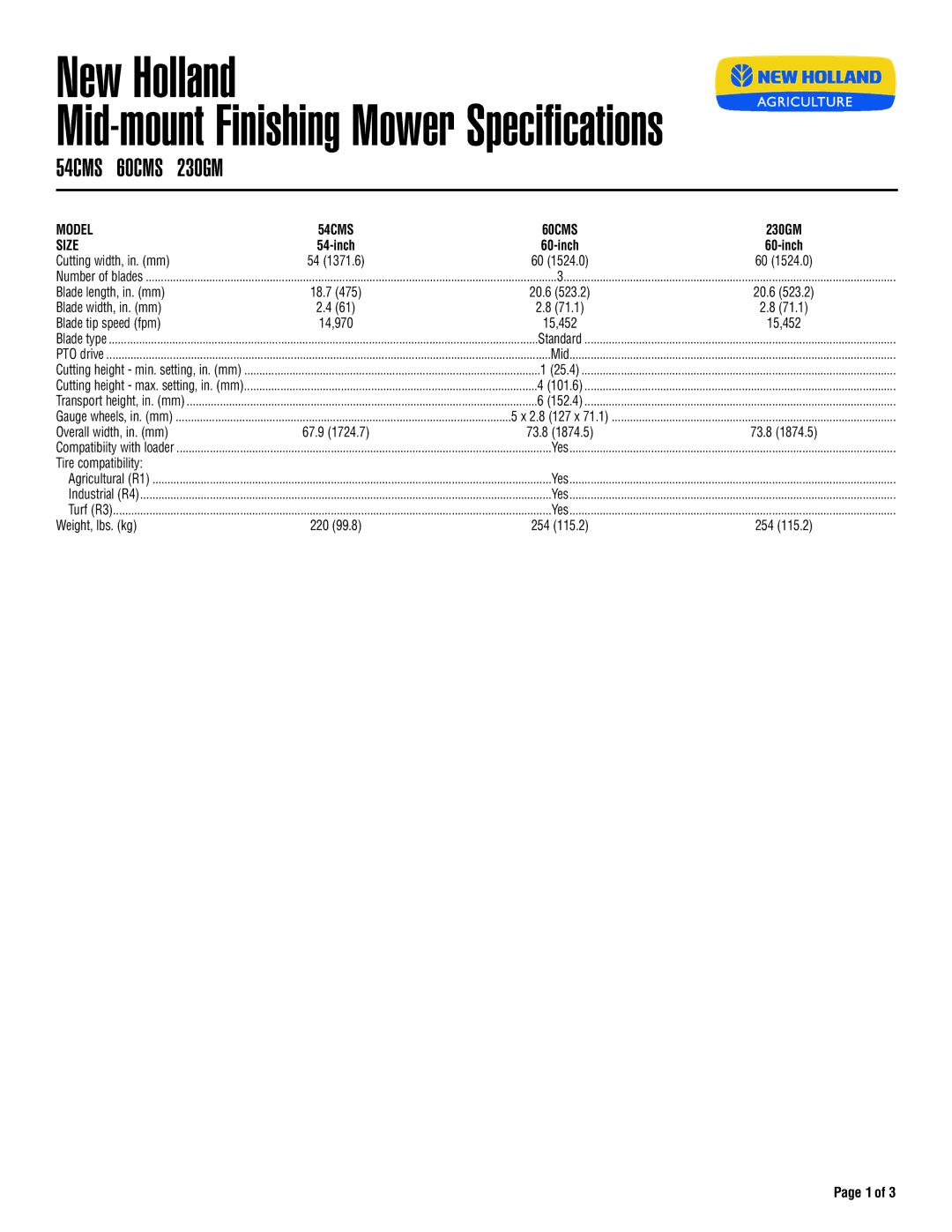 New Holland 54CMS, 60CMS specifications New Holland, 230GM 
