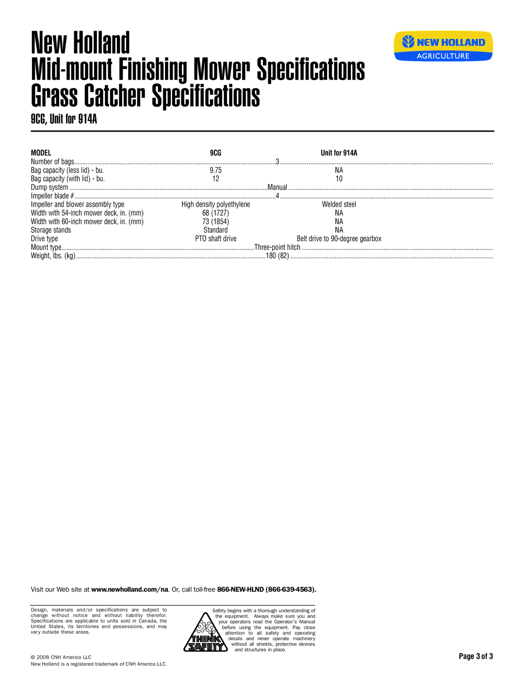 New Holland 60CMS Grass Catcher Specifications, 9CG, Unit for 914A, Bag capacity less lid bu Bag capacity with lid bu 