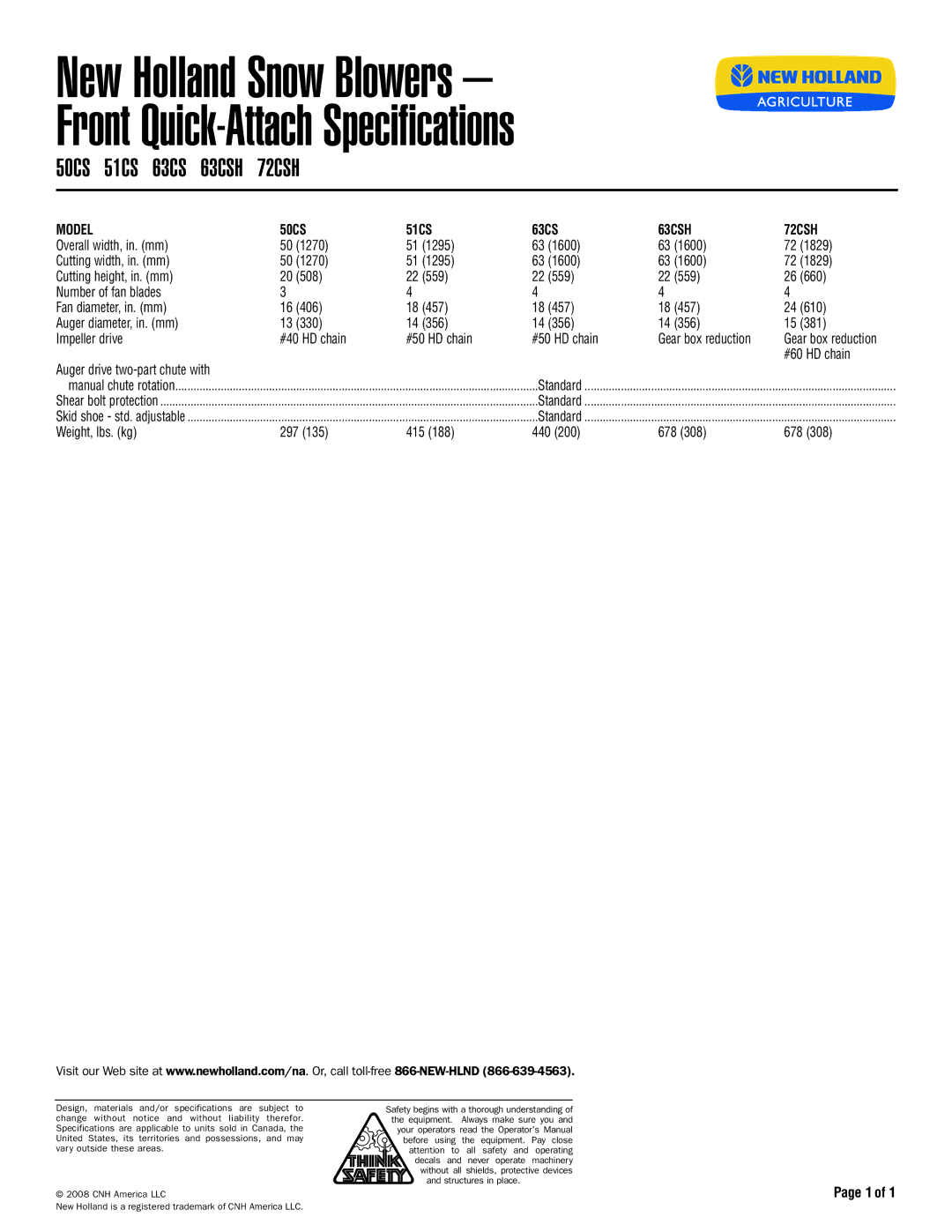 New Holland specifications New Holland Snow Blowers Front Quick-Attach Specifications, 50CS 51CS 63CS 63CSH 72CSH 