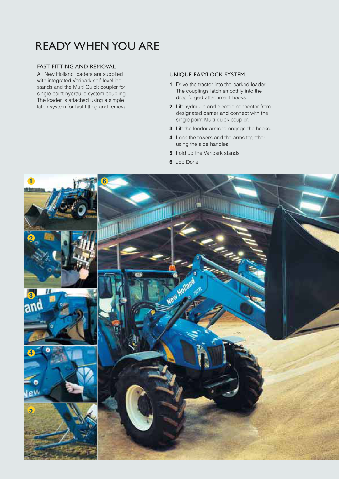 New Holland 75OTL, 74OTL, 77OTL, 76OTL, 7OOTL, 73OTL manual Ready When You Are, Fast Fitting And Removal, Unique Easylock System 