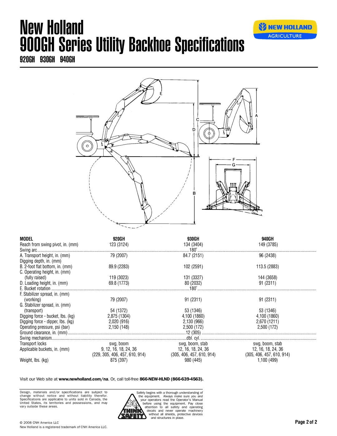 New Holland 759C, 757C, 756C, 758C, 700 Series specifications 900GH Series Utility Backhoe Specifications, 920GH 930GH 940GH 