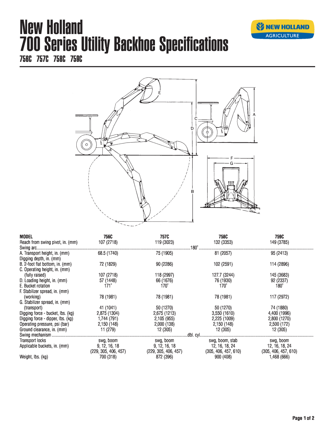 New Holland specifications New Holland, 756C 757C 758C 759C, Model, Page 1 of, Series Utility Backhoe Specifications 