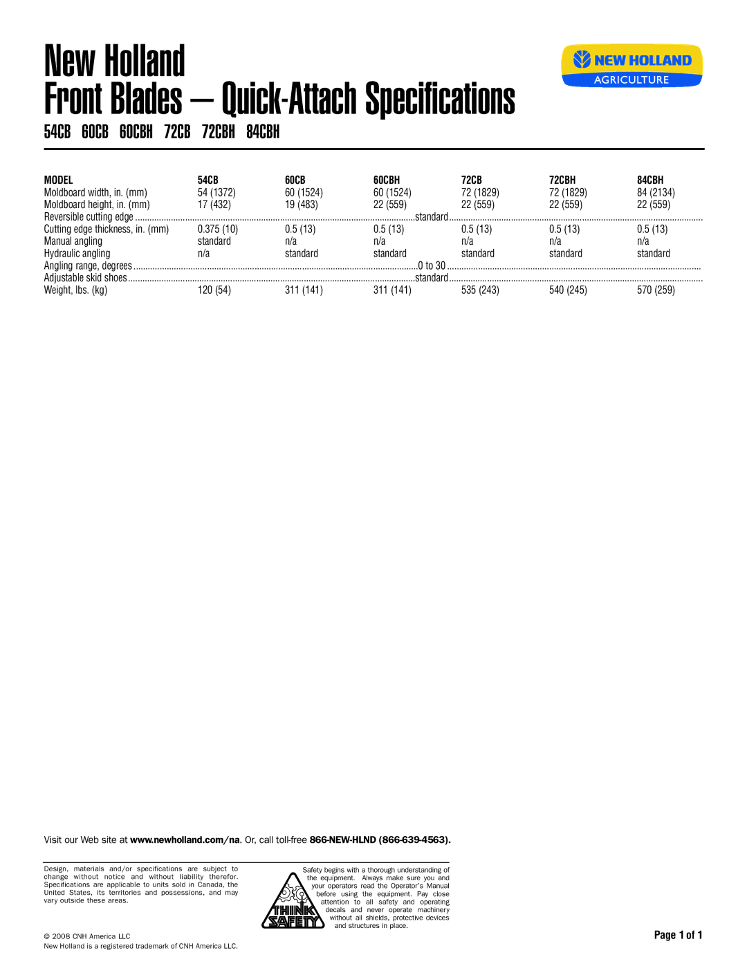 New Holland specifications New Holland, Front Blades Quick-Attach Specifications, 54CB 60CB 60CBH 72CB 72CBH 84CBH 