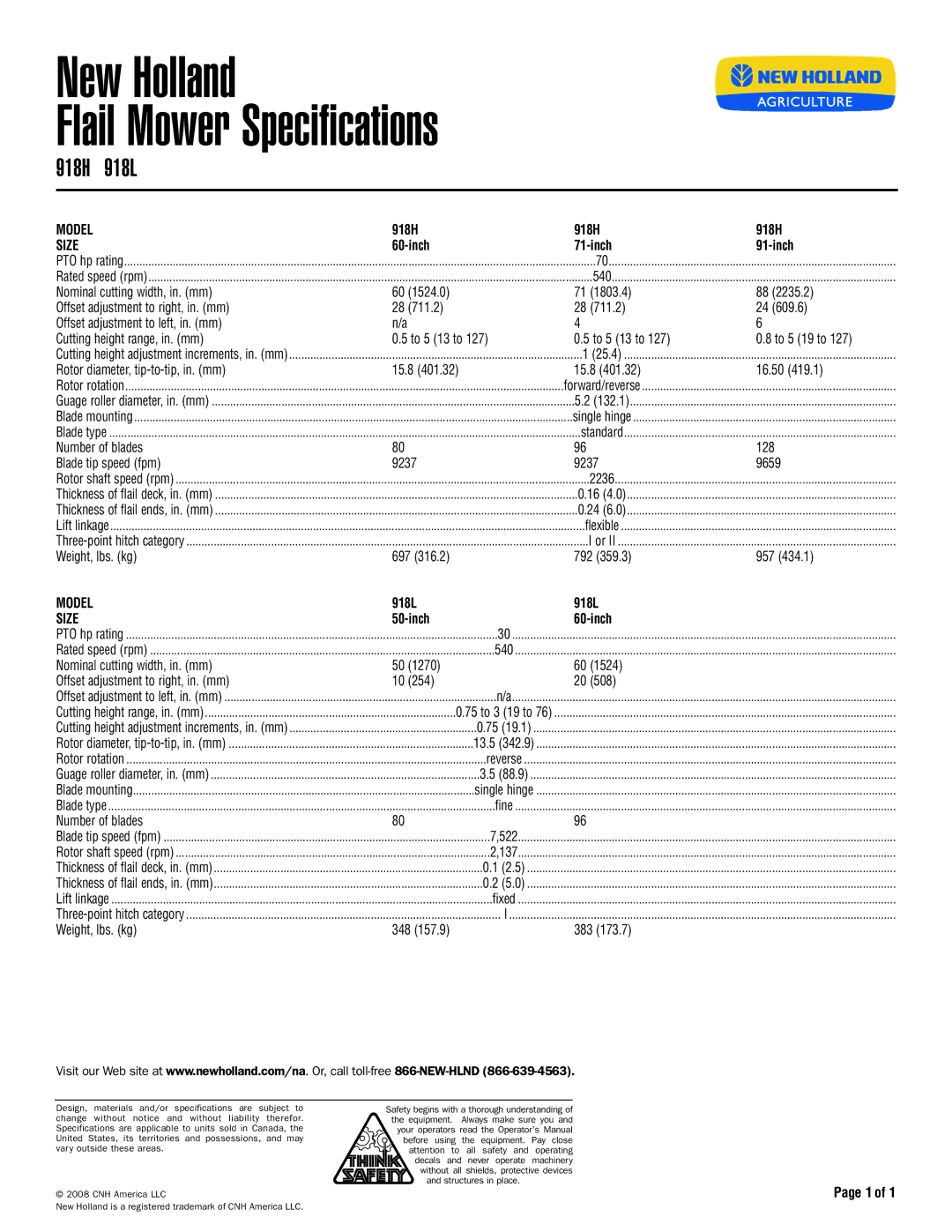 New Holland 918H specifications New Holland Flail Mower Specifications, 918L, Model, Size 