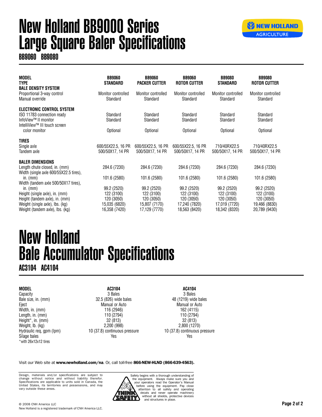 New Holland BB9080, BB9060, BB9000 Series specifications New Holland Bale Accumulator Specifications, AC3104 AC4104 