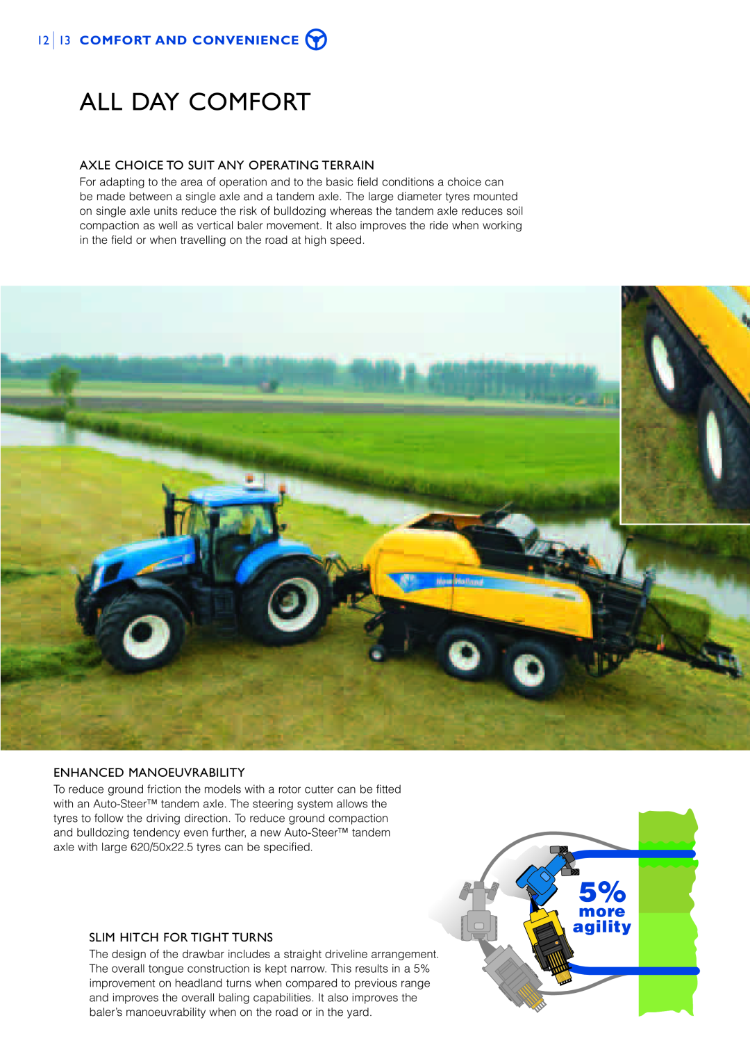 New Holland BB9O6O manual All Day Comfort, Comfort And Convenience, Axle Choice To Suit Any Operating Terrain, more agility 