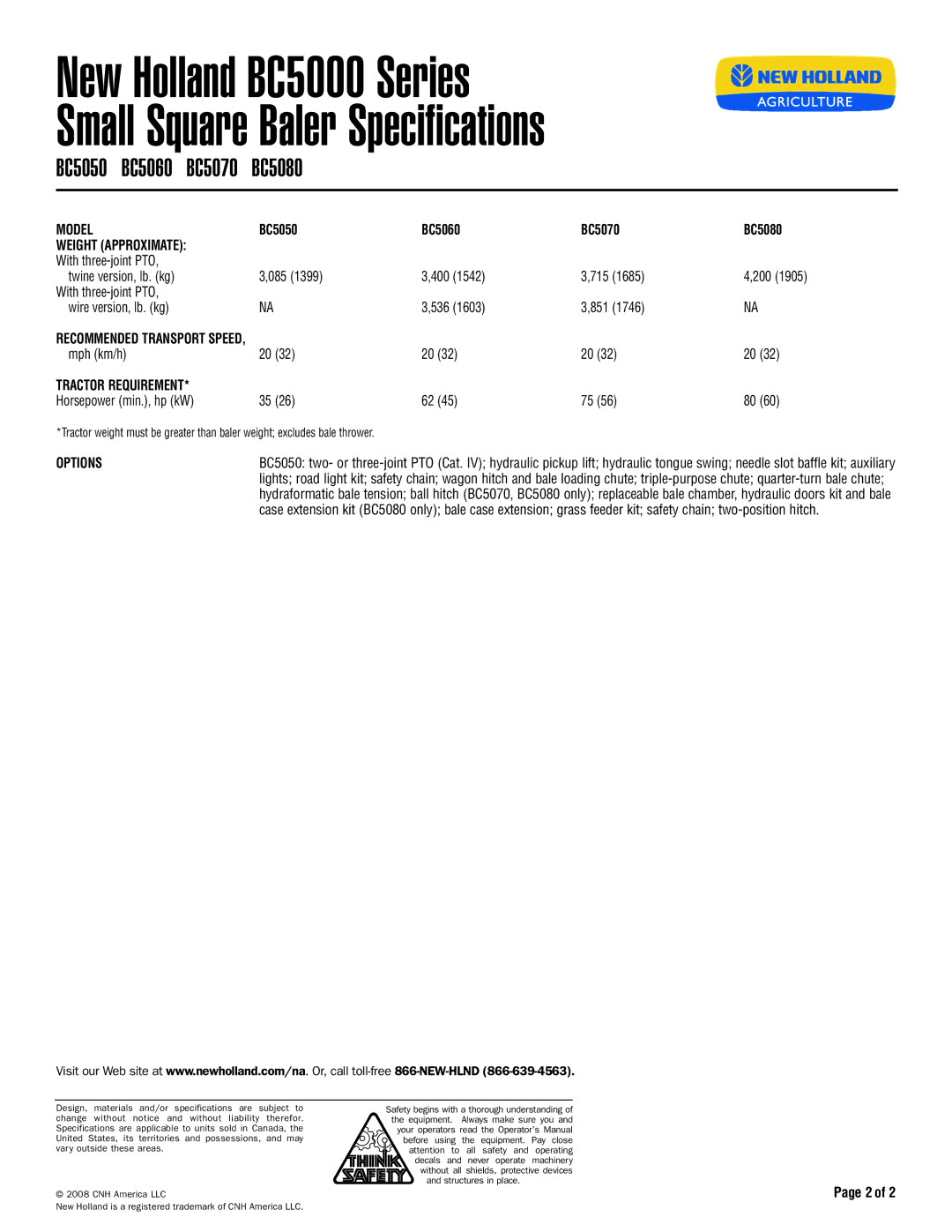 New Holland BC5000 Series, BC5050, BC5080, BC5060, BC5070 Model, Weight Approximate, Tractor Requirement, Options 