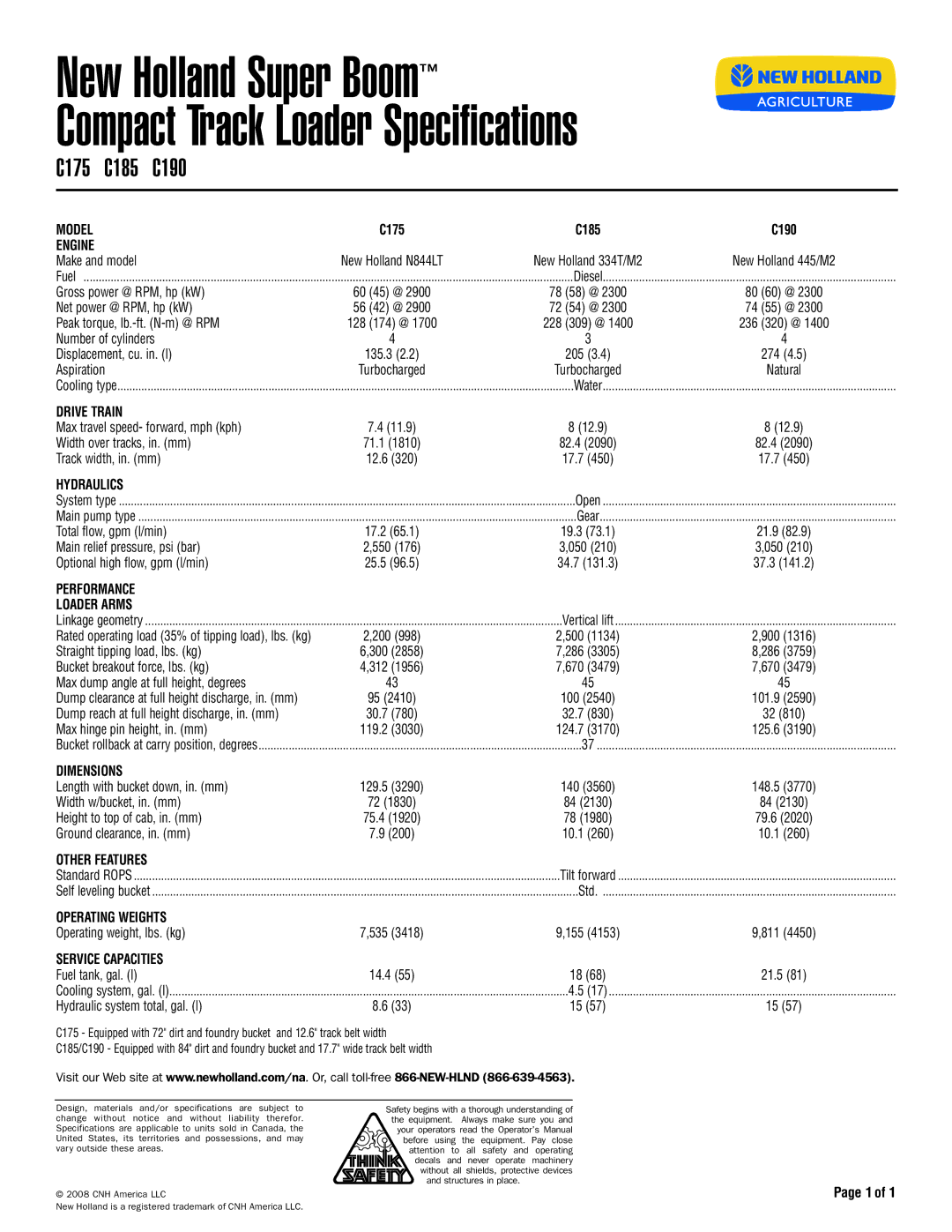 New Holland C175, C190, C185 specifications Model, Engine, Drive Train, Hydraulics, Performance Loader Arms, Dimensions 