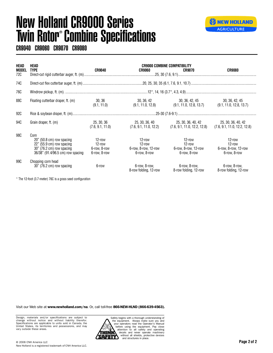 New Holland CR9070, CR9060, CR9040, CR9000 Series, CR9080 specifications Head CR9000 Combine Compatibility Model Type 