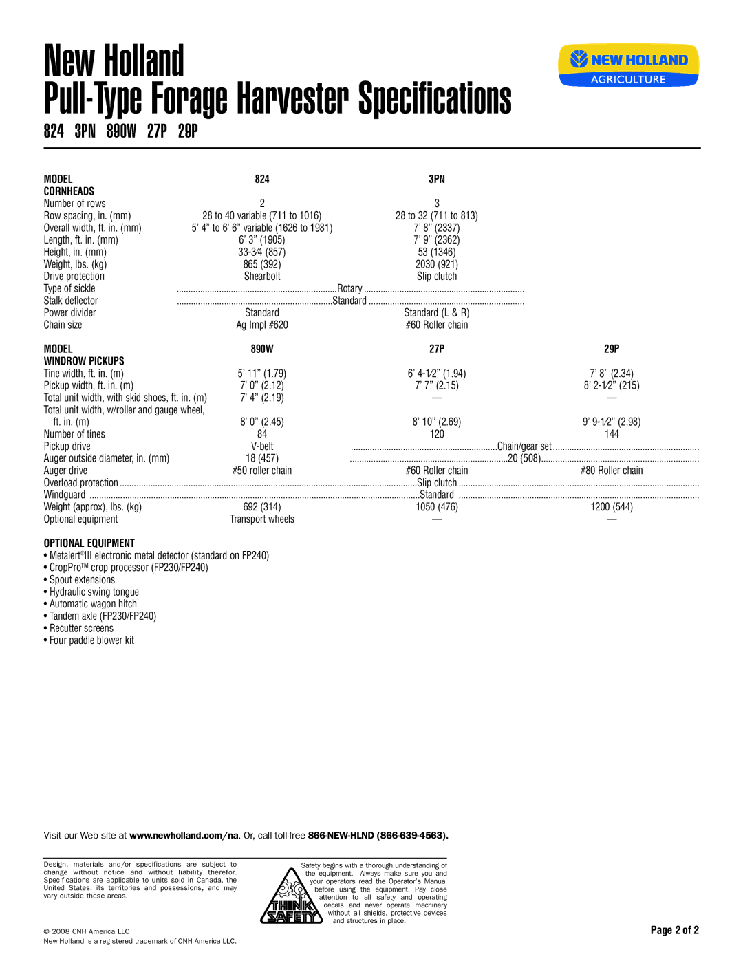 New Holland 790, FP230, FP240 specifications 824 3PN 890W 27P 29P, Model, Cornheads, Windrow Pickups, Optional Equipment 