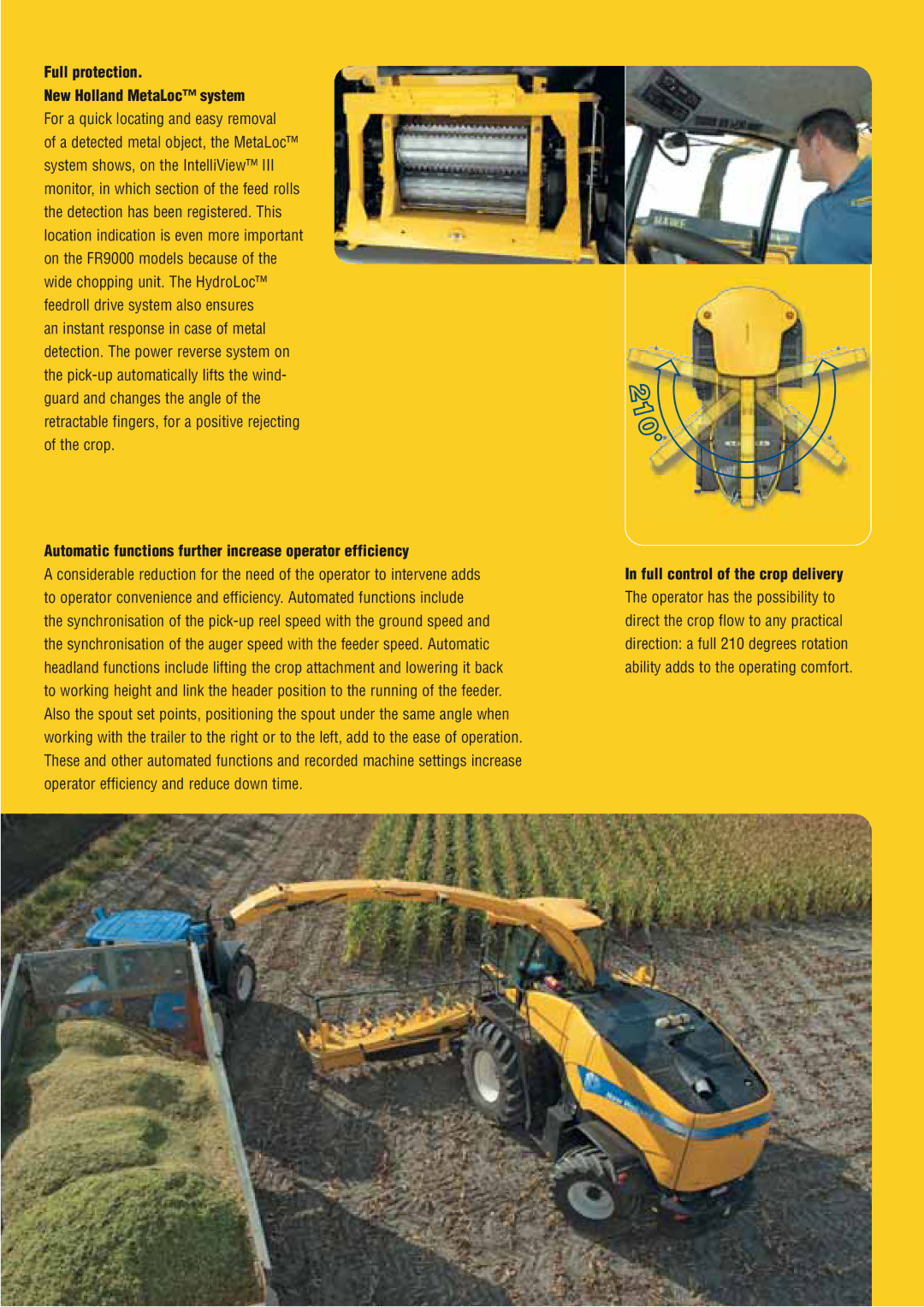 New Holland FR9000 Full protection New Holland MetaLoc system, Automatic functions further increase operator efficiency 