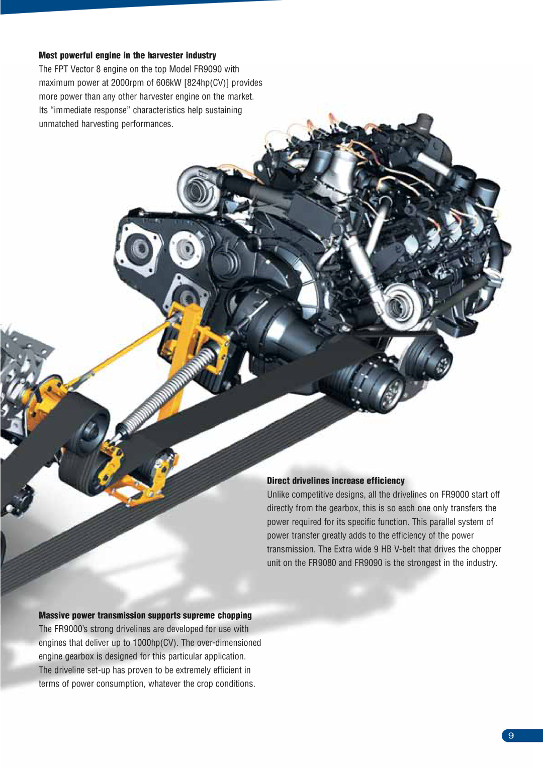 New Holland FR9000 manual Most powerful engine in the harvester industry, Direct drivelines increase efficiency 