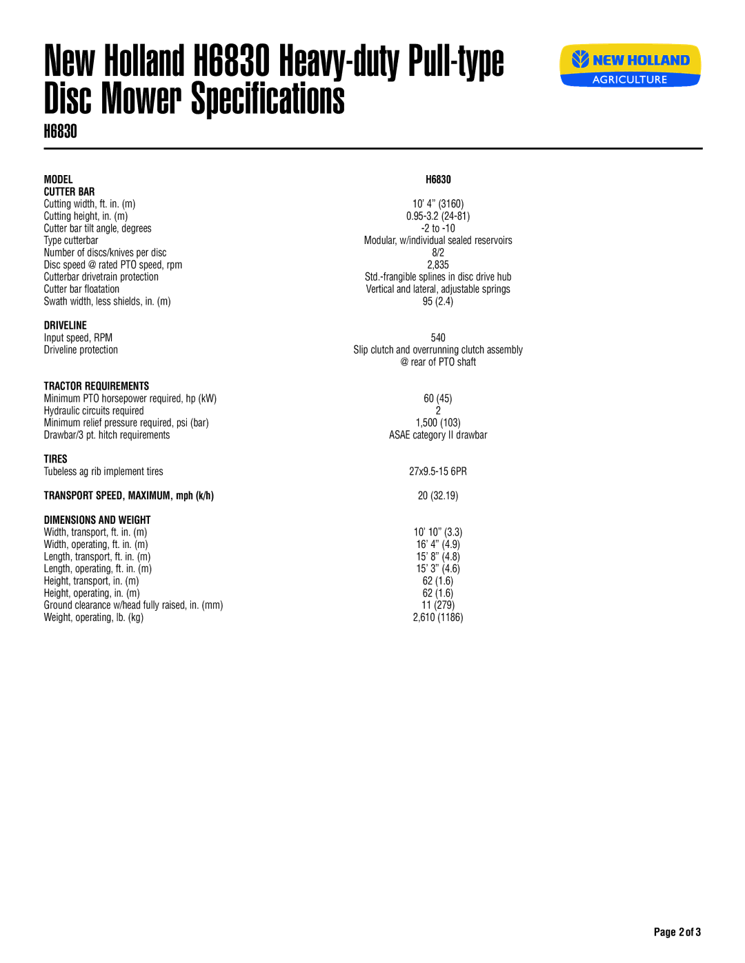 New Holland H6750, H6730, H6700 Series, H6740 specifications H6830, Driveline, Tractor Requirements, Tires 