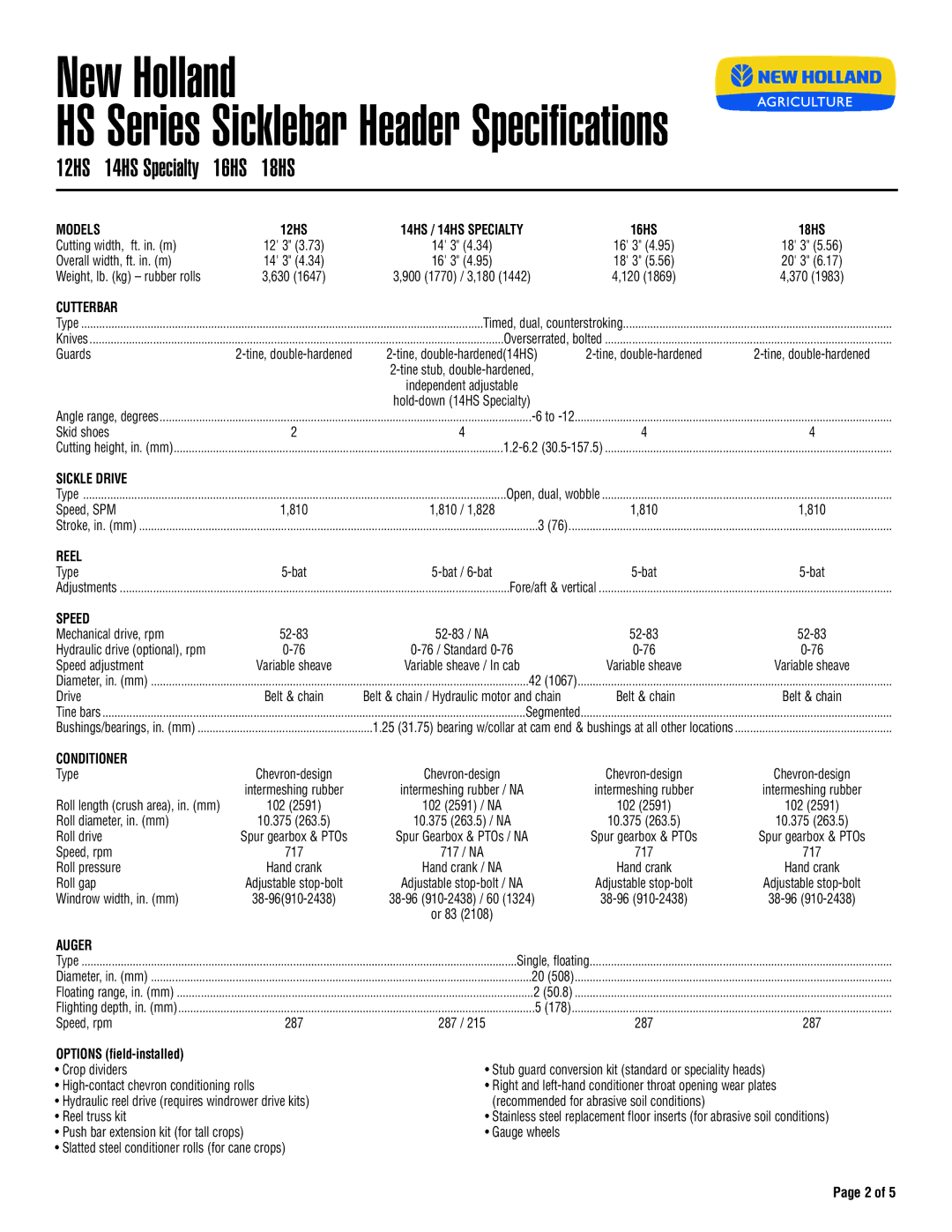 New Holland H8060, H8080, H8000 Series, H8040 specifications Models, Cutterbar, Sickle Drive, Reel, Speed, Conditioner, Auger 