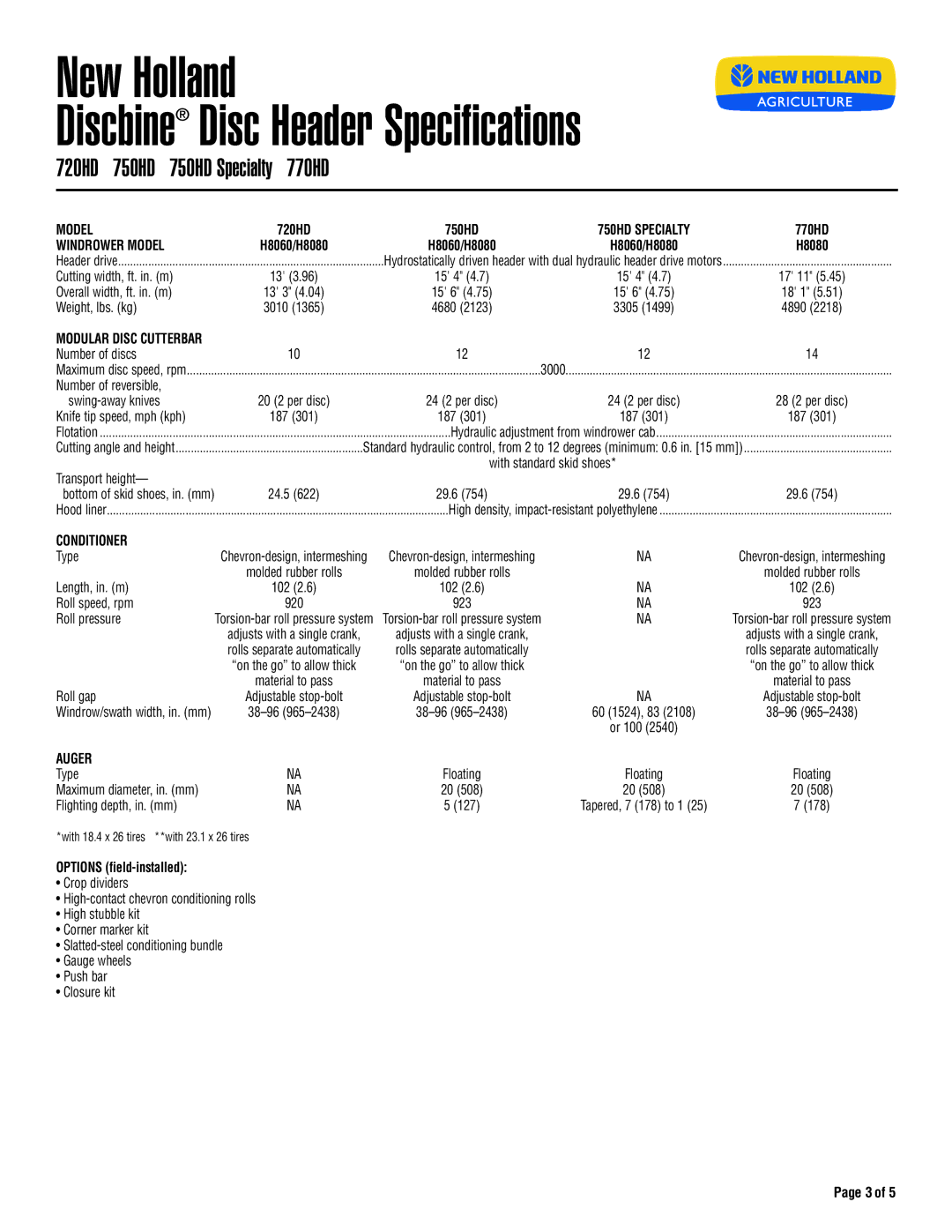 New Holland H8040, H8080, H8000 Series, H8060 specifications Windrower Model 