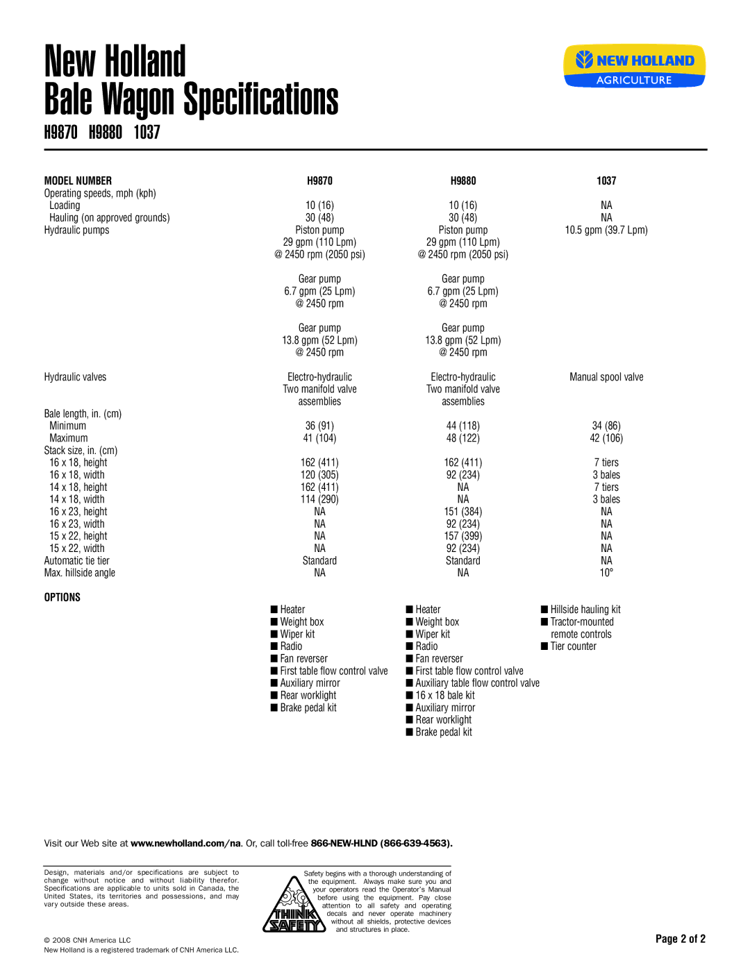 New Holland 1037, H9870, H9880 specifications Options 