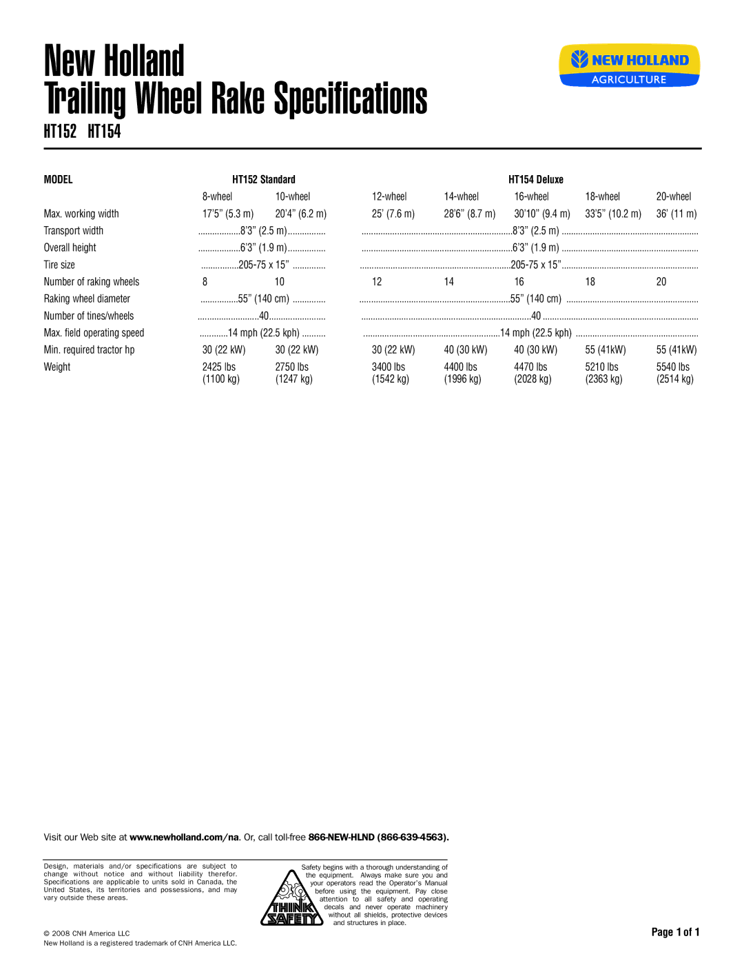 New Holland specifications New Holland Trailing Wheel Rake Specifications, HT152 HT154, Model 