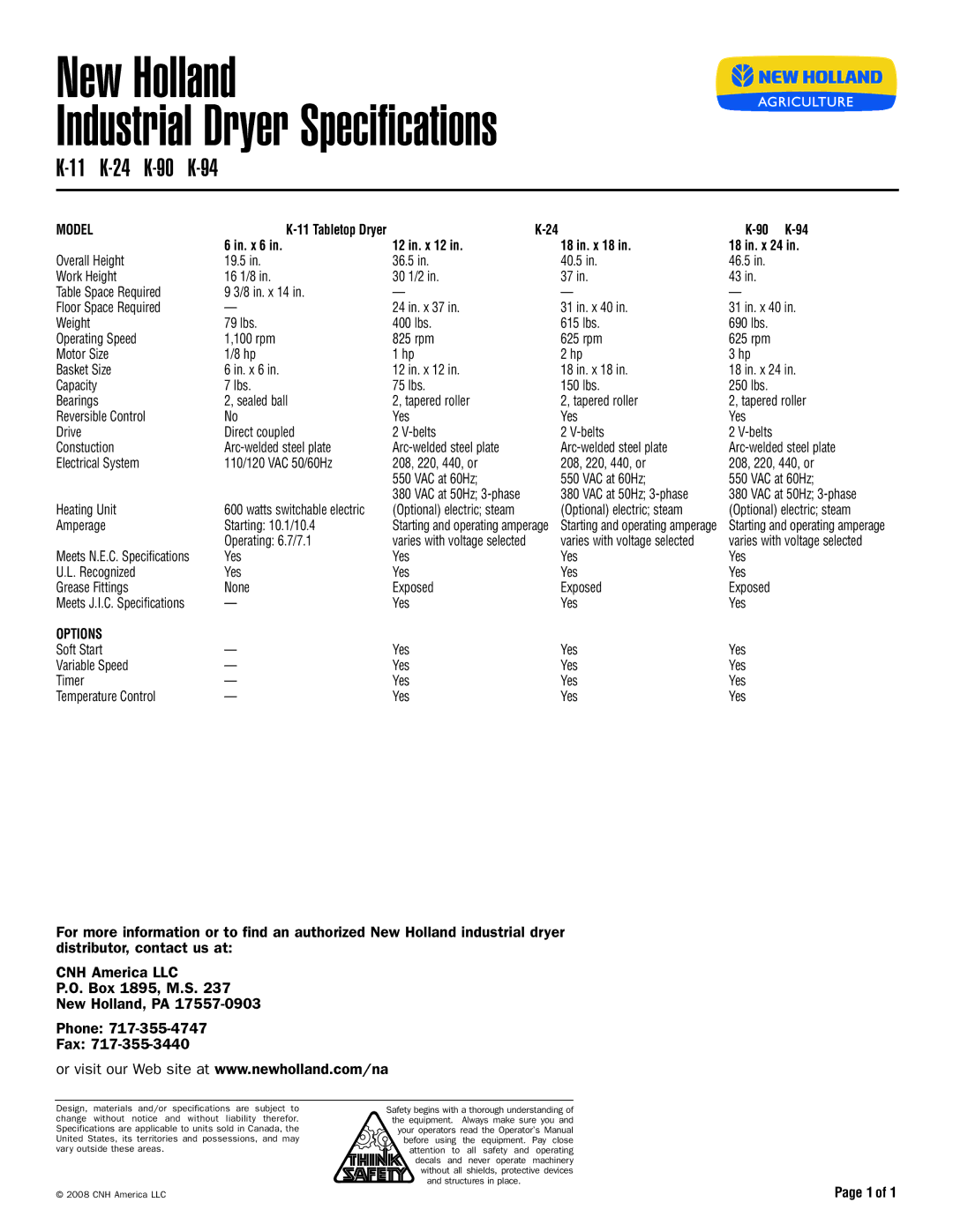 New Holland K-11 specifications New Holland Industrial Dryer Specifications, 11 K-24 K-90 K-94, Model, Options 