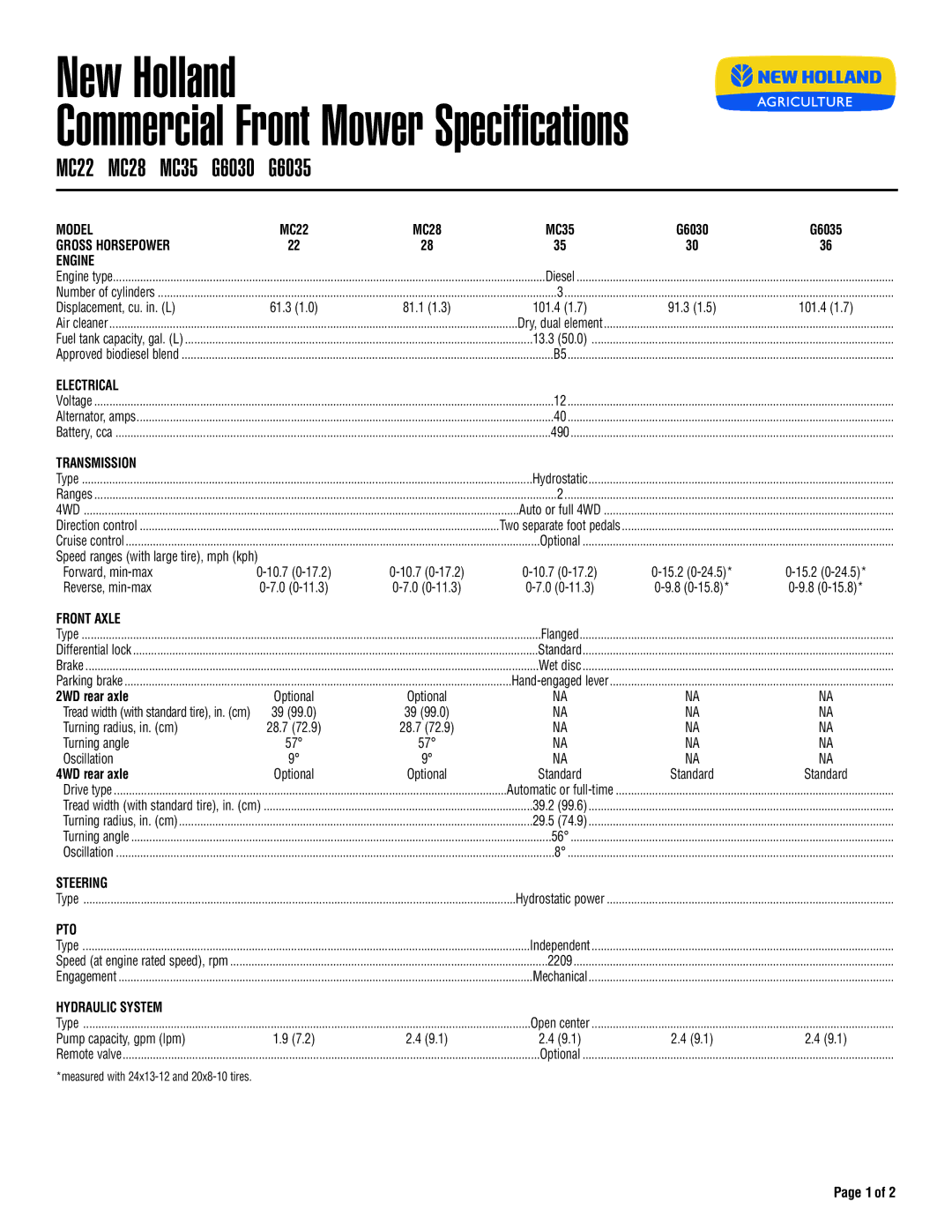 New Holland MC35, MC22 specifications Model, Gross Horsepower Engine, Electrical, Transmission, Front Axle, Steering, Pto 