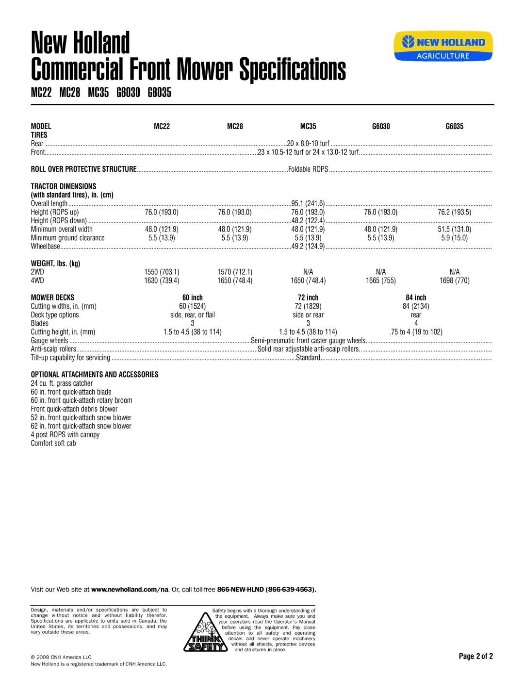 New Holland G6030, MC22, MC35, G6035 specifications Tires, Tractor Dimensions, Mower Decks 