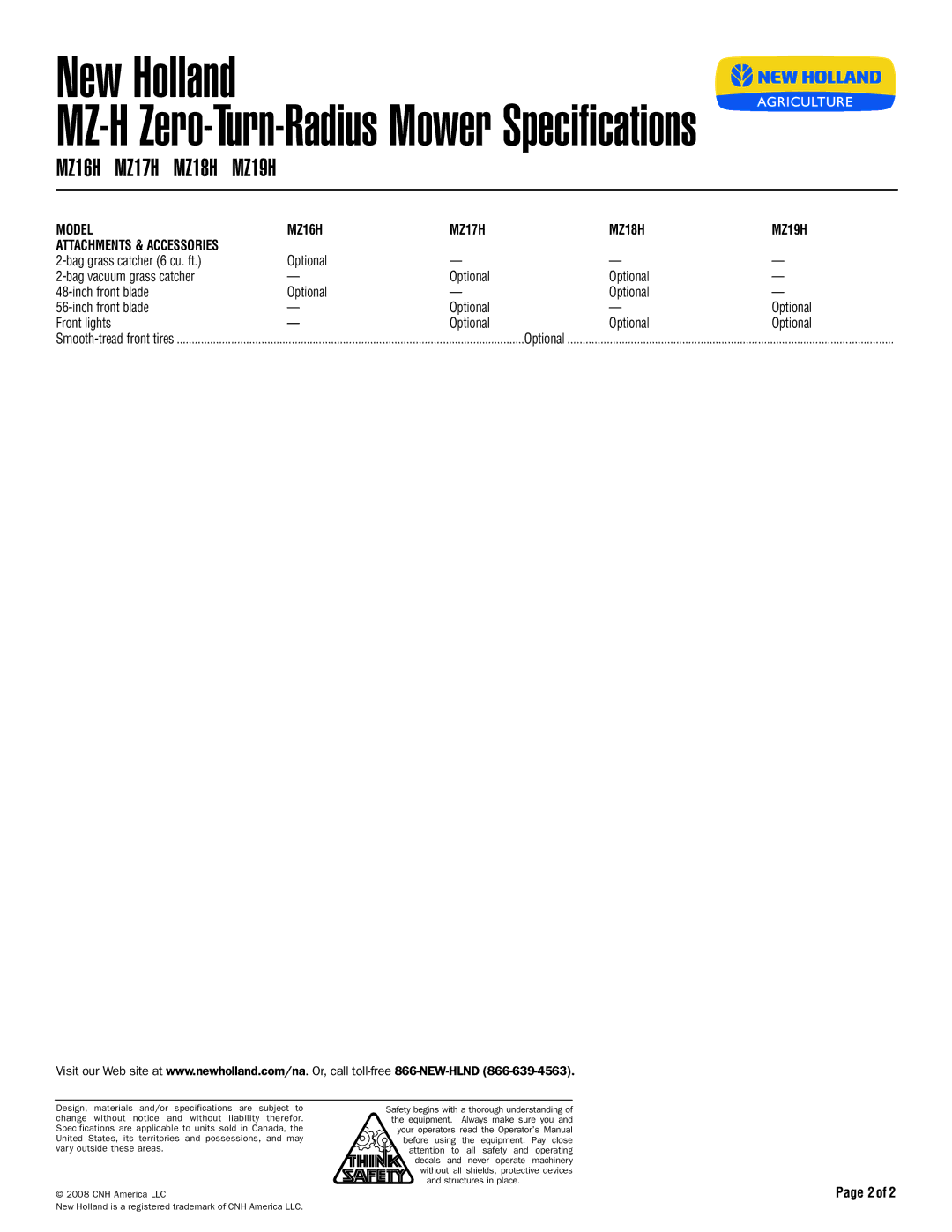New Holland specifications Model MZ16H MZ17H MZ18H MZ19H, Optional Inch front blade Front lights, 2of 