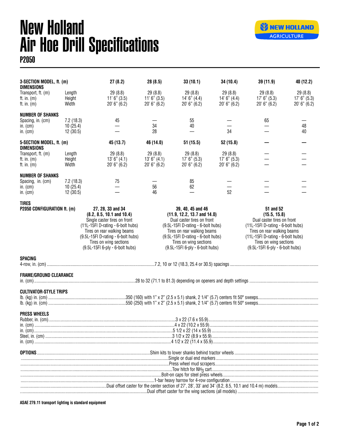 New Holland P2050, P2060 specifications 