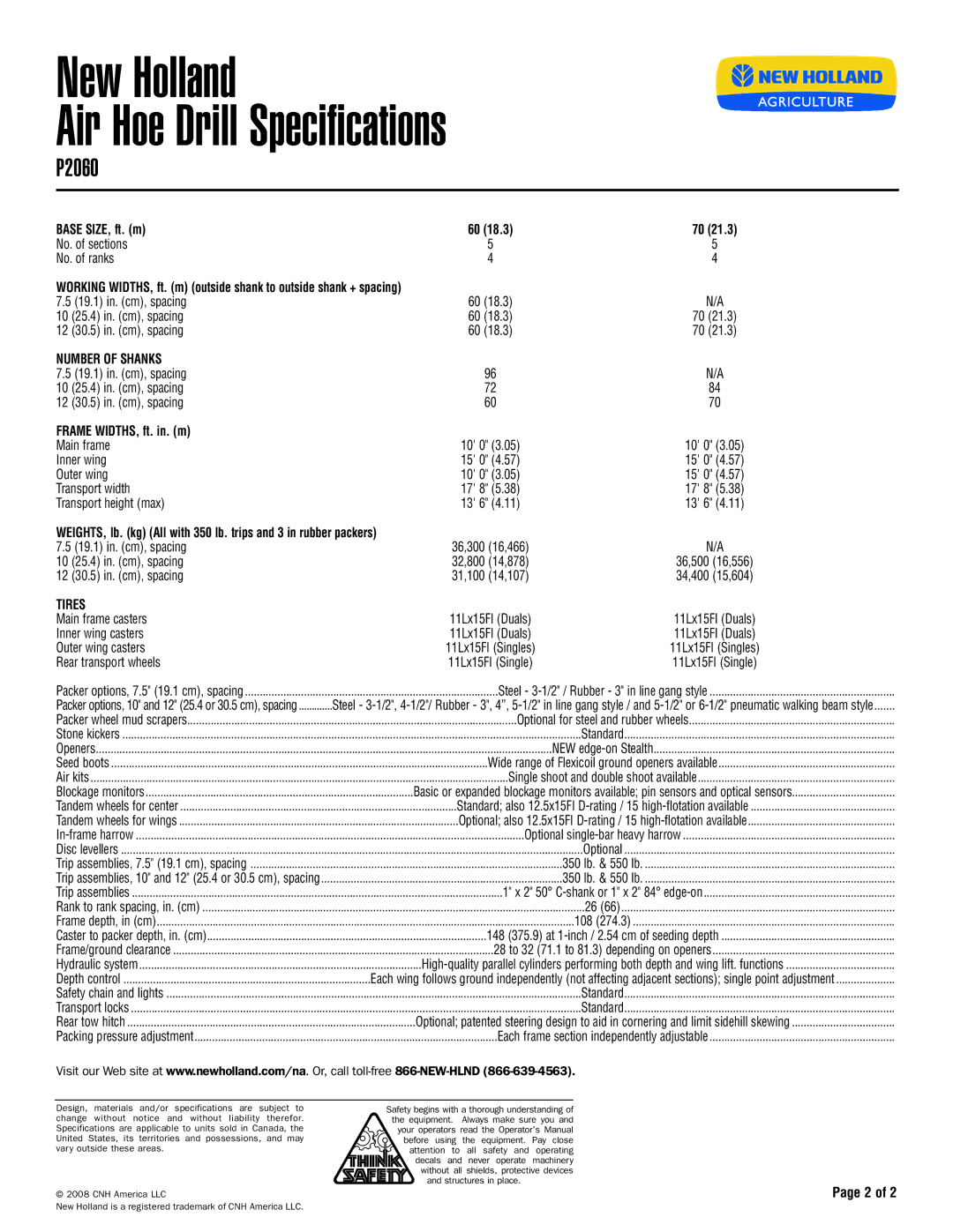 New Holland P2060, P2050 specifications Base SIZE, ft. m, Number of Shanks, Frame WIDTHS, ft. in. m 