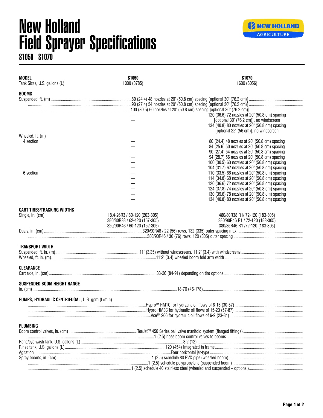 New Holland S1070, S1050 specifications Model, Booms, Cart TIRES/TRACKING Widths, Transport Width, Clearance 