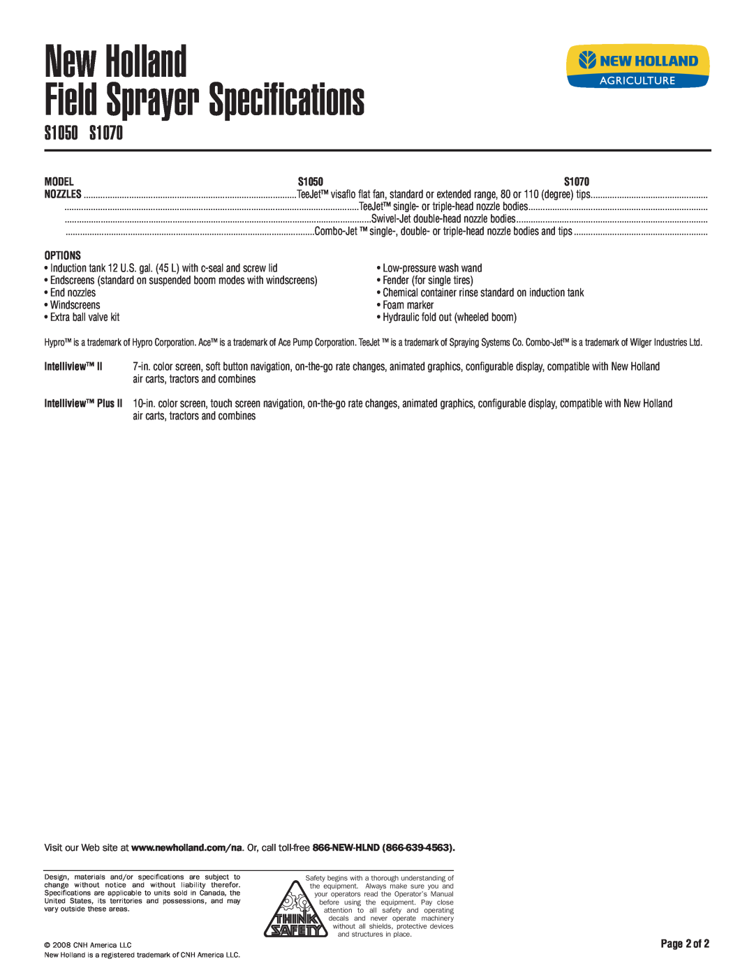 New Holland S1050 specifications S1070, Intelliview, Page 2of, New Holland Field Sprayer Specifications, Model 