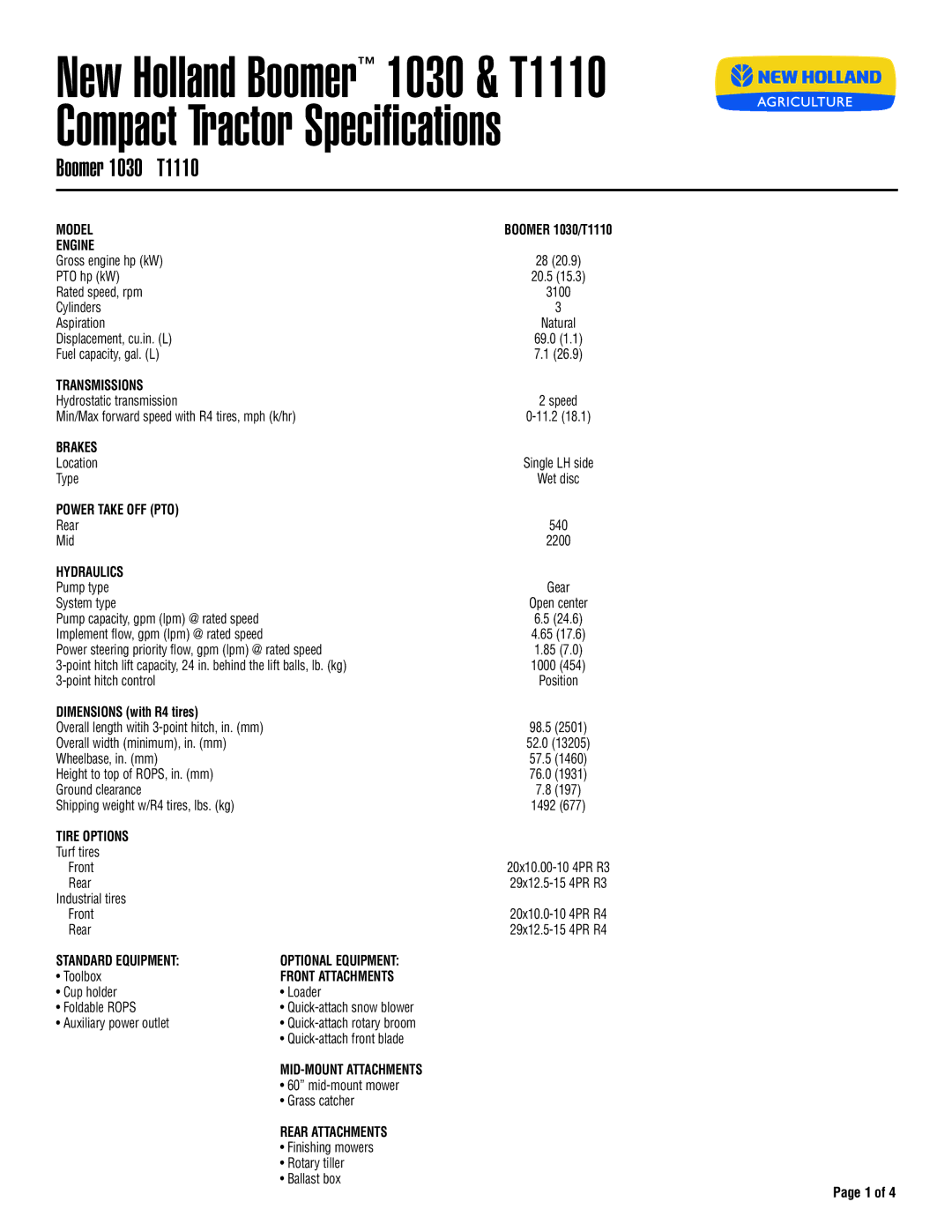 New Holland specifications Boomer 1030 T1110 