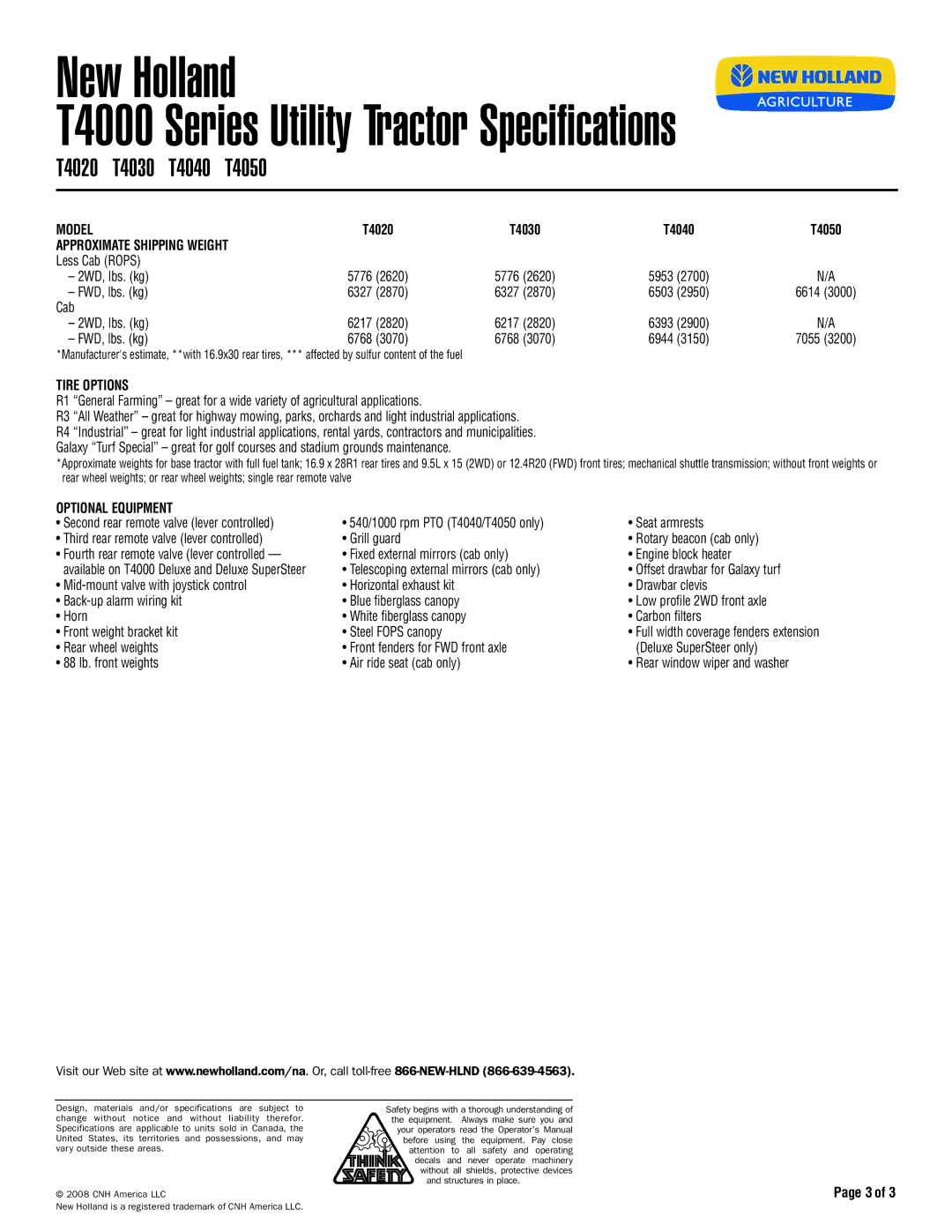 New Holland T4020, T4030, T4040, T4050 specifications Approximate Shipping Weight, Tire Options, Optional Equipment 