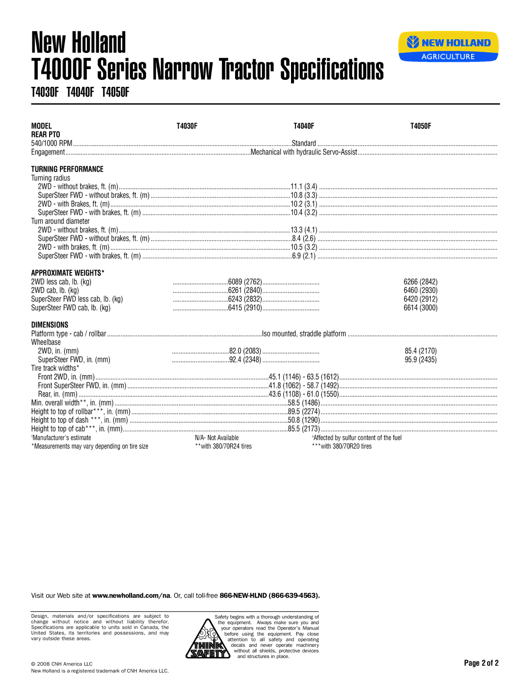 New Holland T4040F, T4030F, T4050F specifications Turning Performance, Approximate Weights, Dimensions 