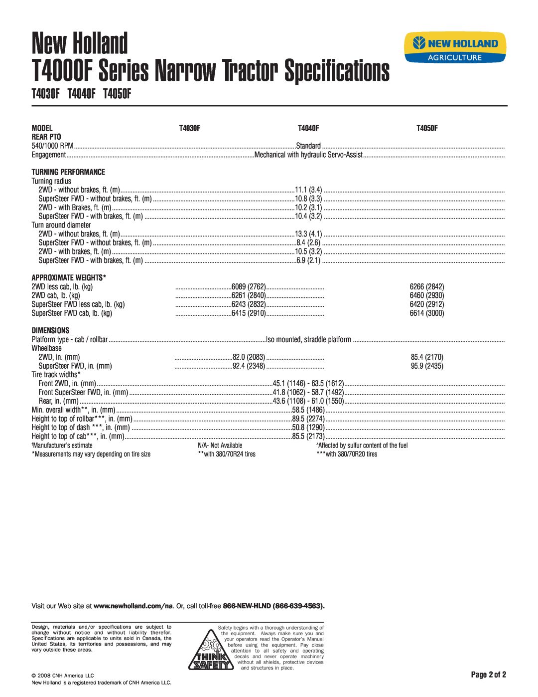 New Holland T4040F T4030F, Turning Performance, Approximate Weights, Dimensions, Page 2of, New Holland, T4050F, Model 