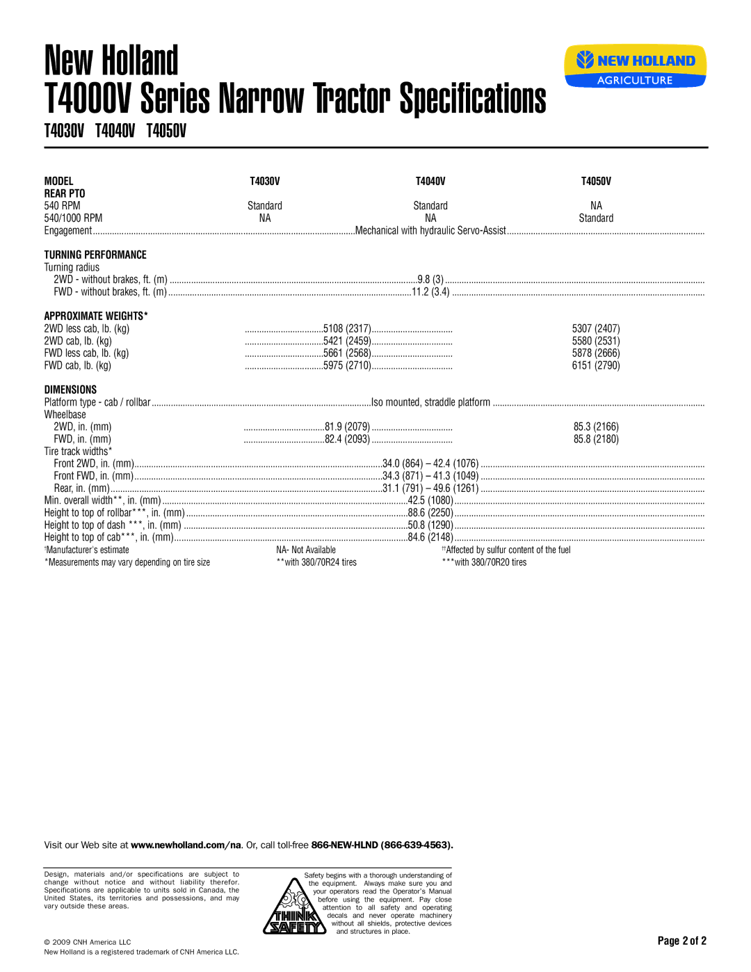 New Holland T4030V, T4040V, T4050V specifications Turning Performance, Approximate Weights, Dimensions 