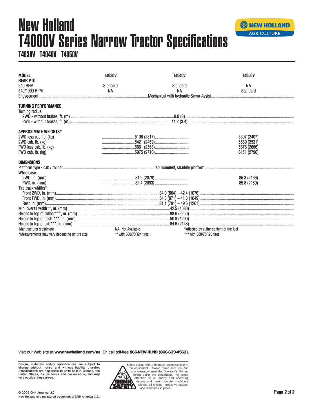 New Holland T4030V Turning Performance, Approximate Weights, Dimensions, Page 2of, New Holland, T4050V, T4040V, Model 