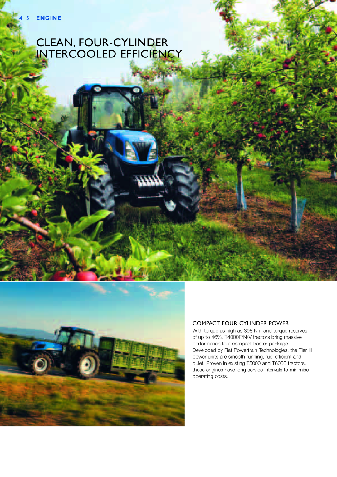 New Holland T4O5O, T4O4O, T4O3O manual Clean, Four-Cylinder Intercooled Efficiency, 4 5 ENGINE, Compact Four-Cylinderpower 