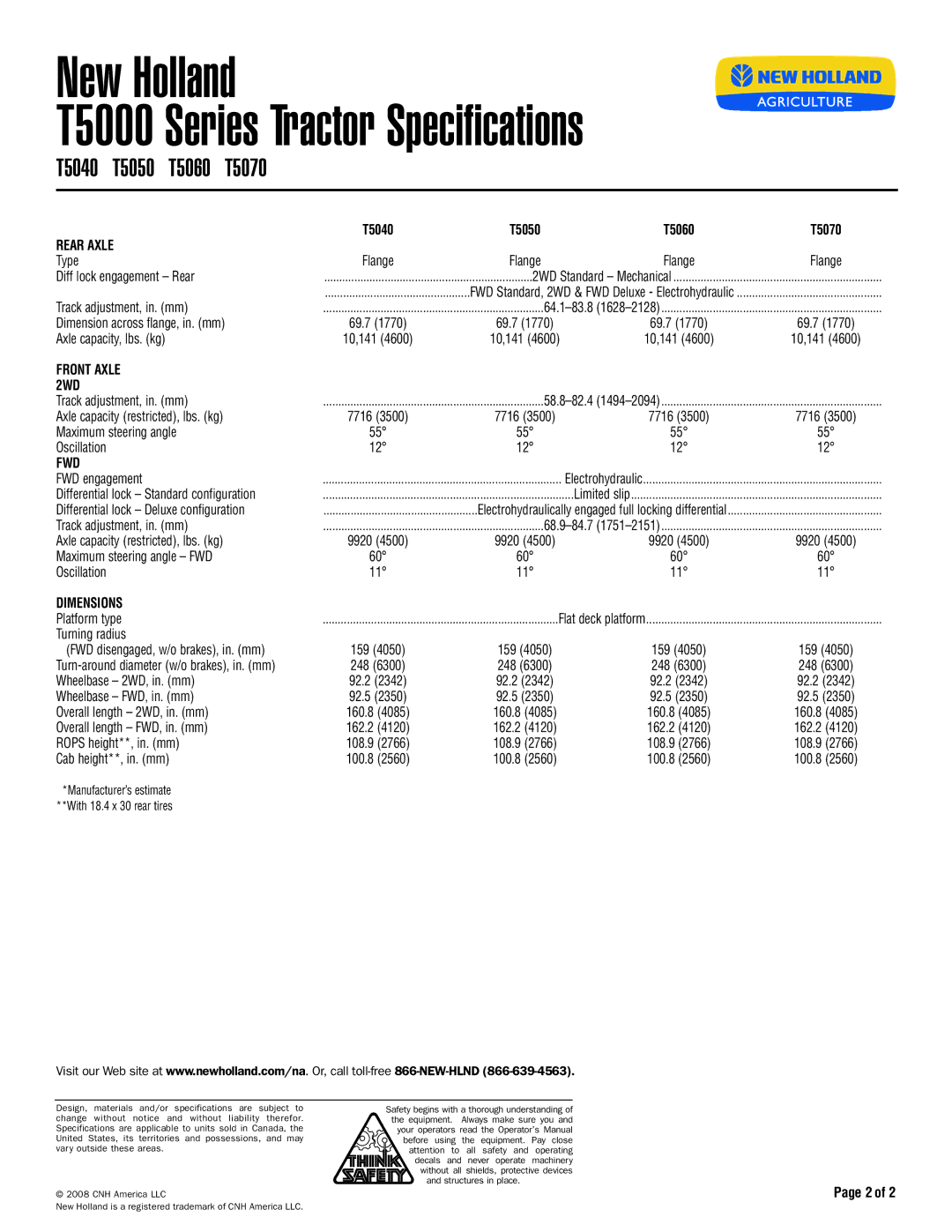 New Holland T5060, T5070, T5050, T5040 specifications Rear Axle, Front Axle 2WD, Fwd, Dimensions 