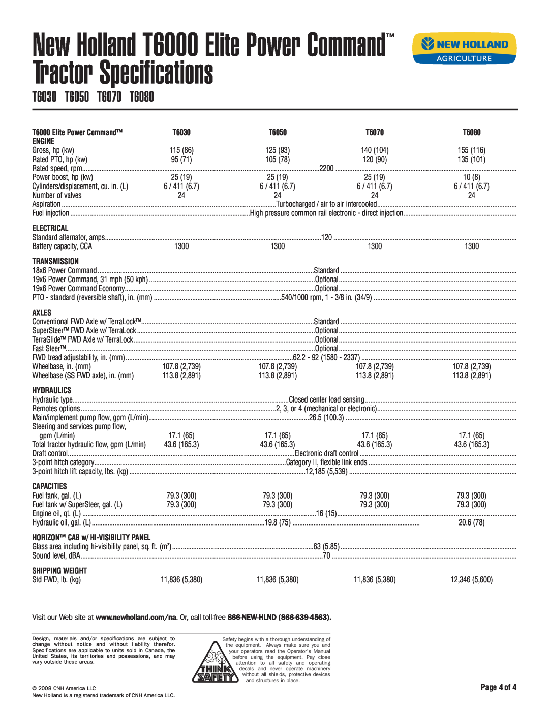 New Holland T6020 Tractor Specifications, New Holland T6000 Elite Power Command, T6070, T6080, T6030, Page 4of, T6050 