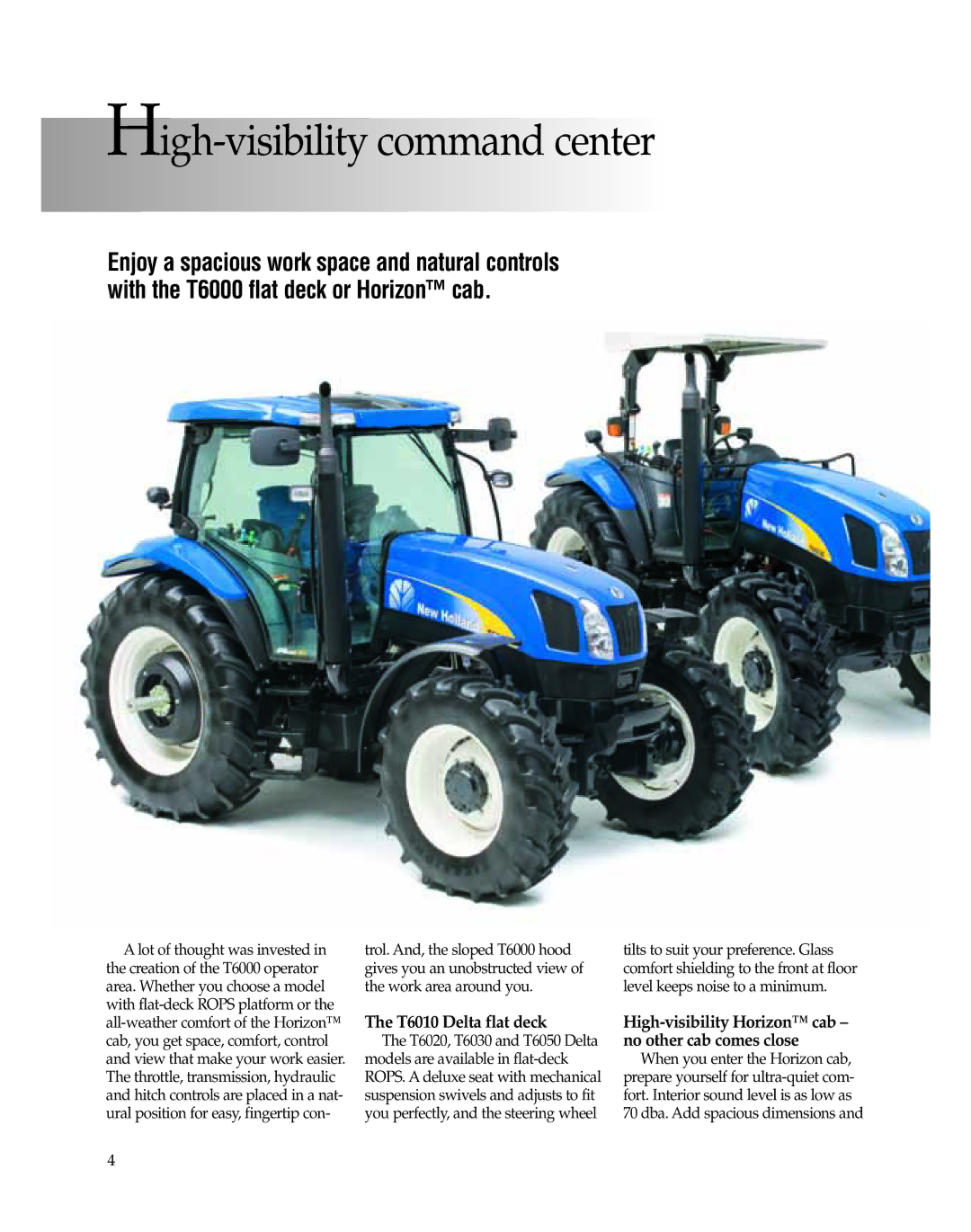 New Holland Igh- visibility command center, T6010 Delta flat deck, High-visibility Horizon cab no other cab comes close 