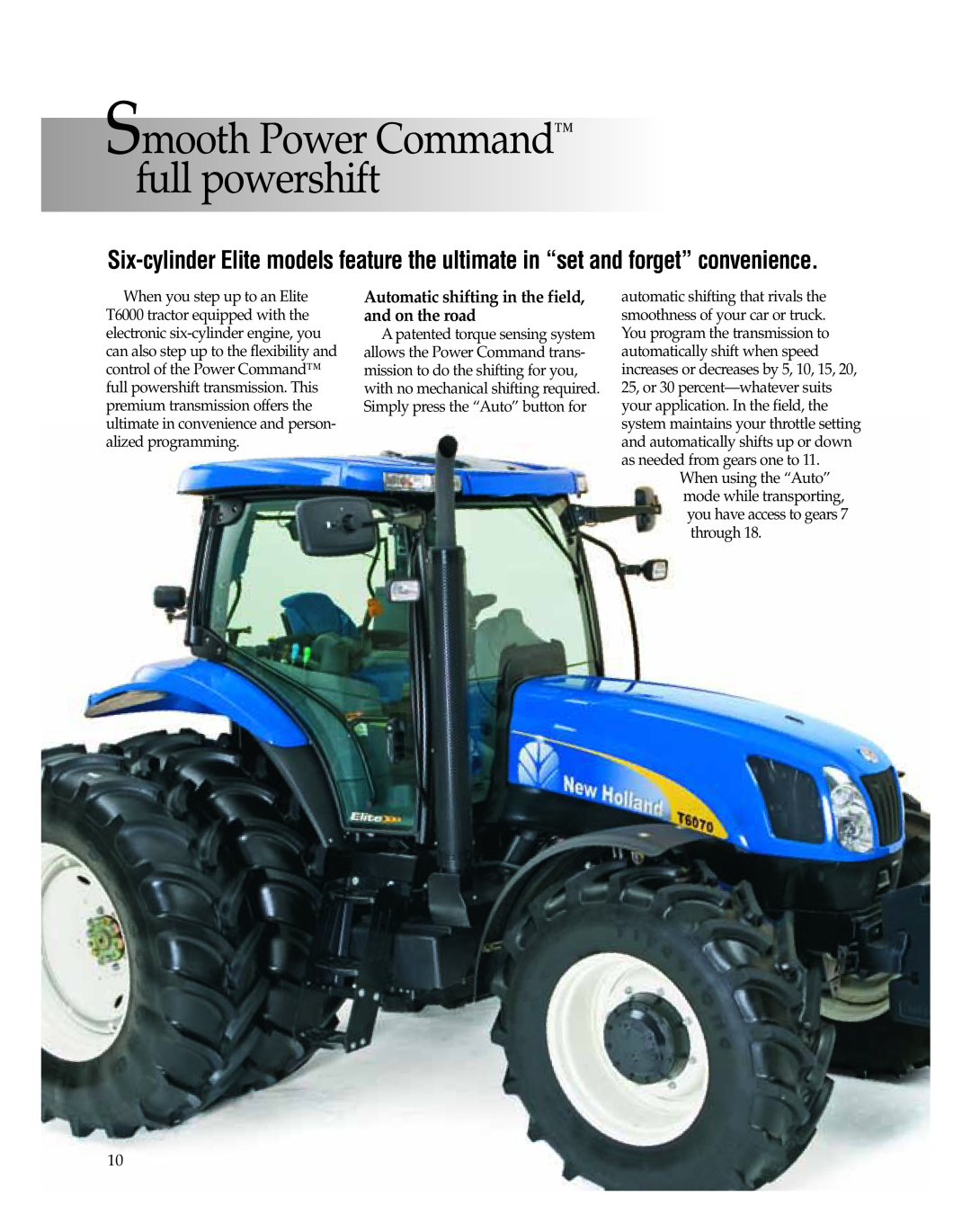 New Holland T6080, T6040, T6060 manual Automatic shifting in the field, and on the road, Smooth Power Command full powershift 