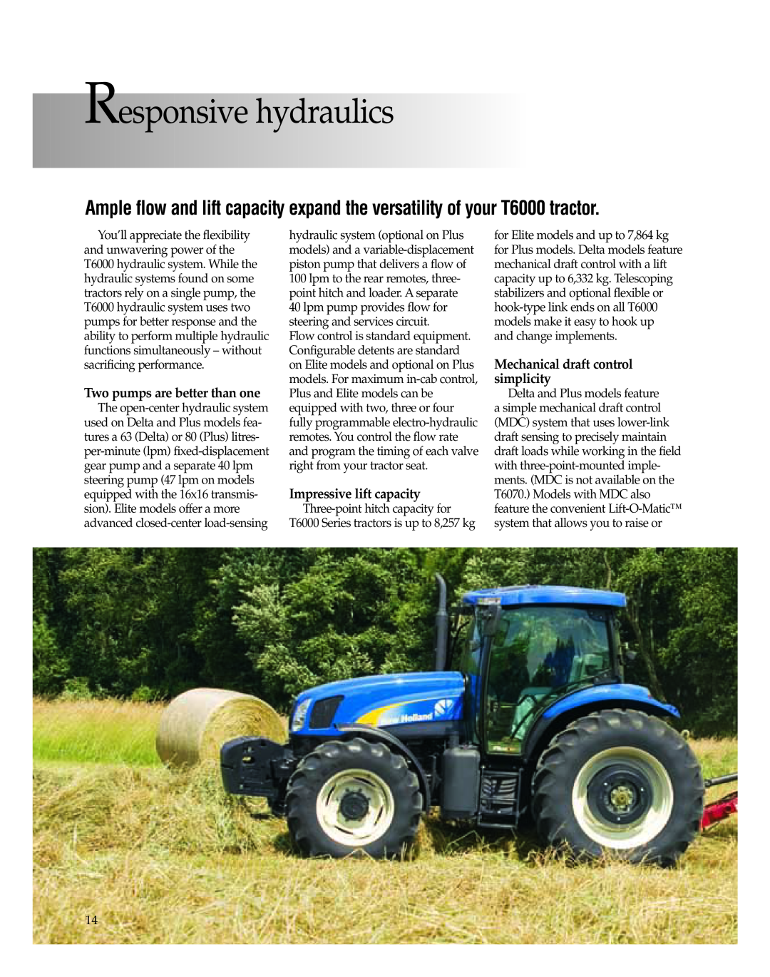 New Holland T6010, T6080, T6040, T6060, T6070 Responsivehydraulics, Two pumps are better than one, Impressive lift capacity 
