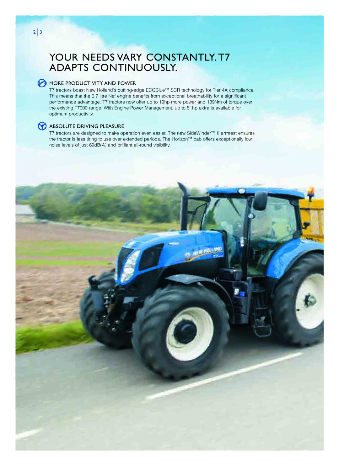 New Holland T7.185, T7.270, T7.260, T7.210 Your Needs Vary CONSTANTLY. T7 Adapts Continuously, More Productivity and Power 